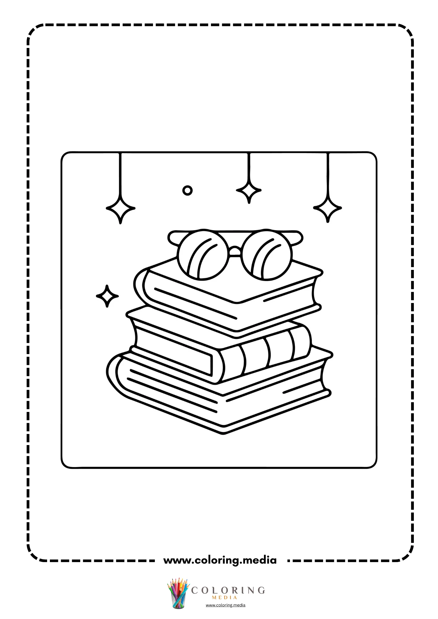 Stack of three books with reading glasses and hanging stars