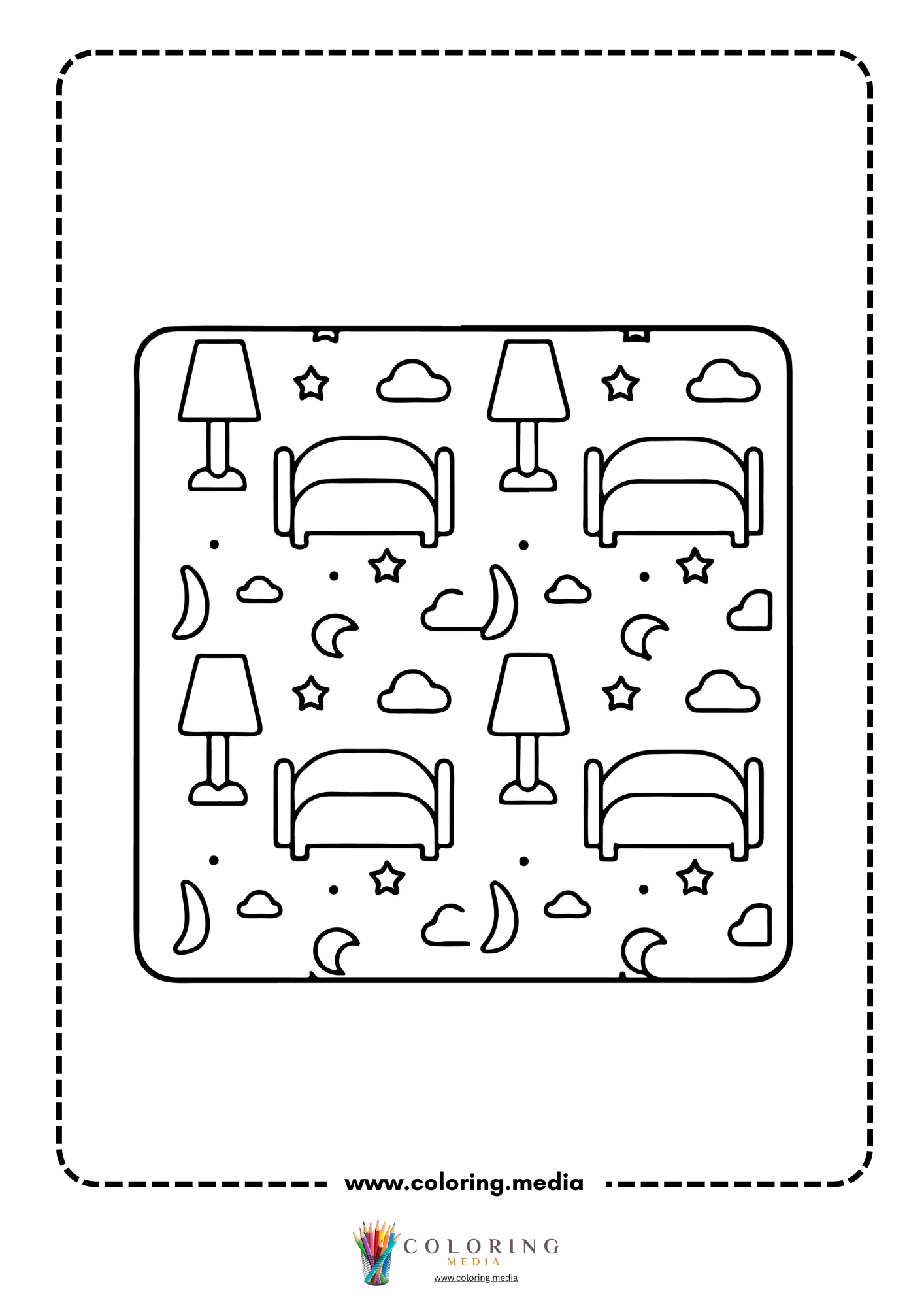 Repeating pattern of beds lamps moons stars and clouds