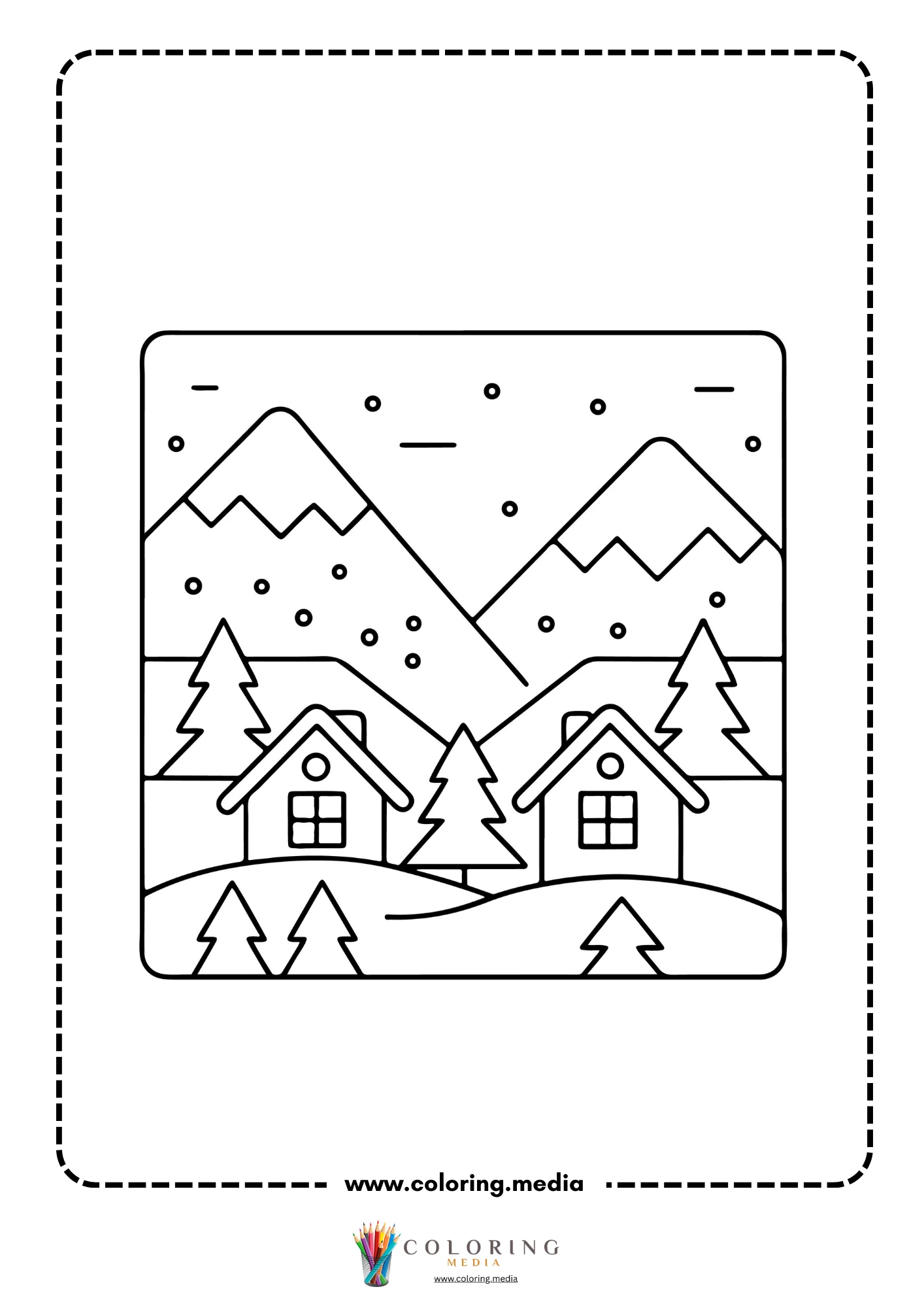 Snowy mountain village scene with two cabins and pine trees