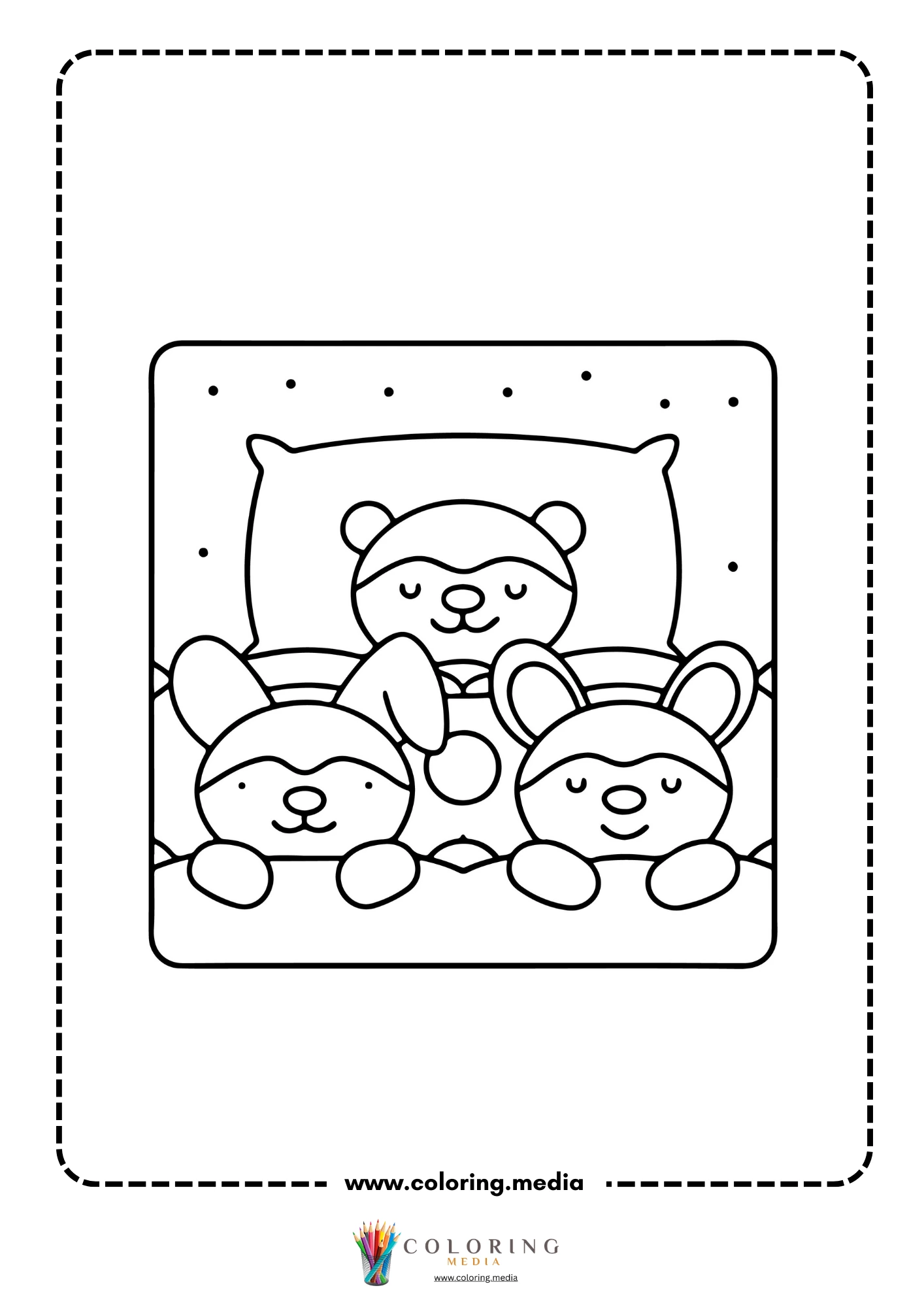 Three kawaii animals in sleep masks tucked into bed
