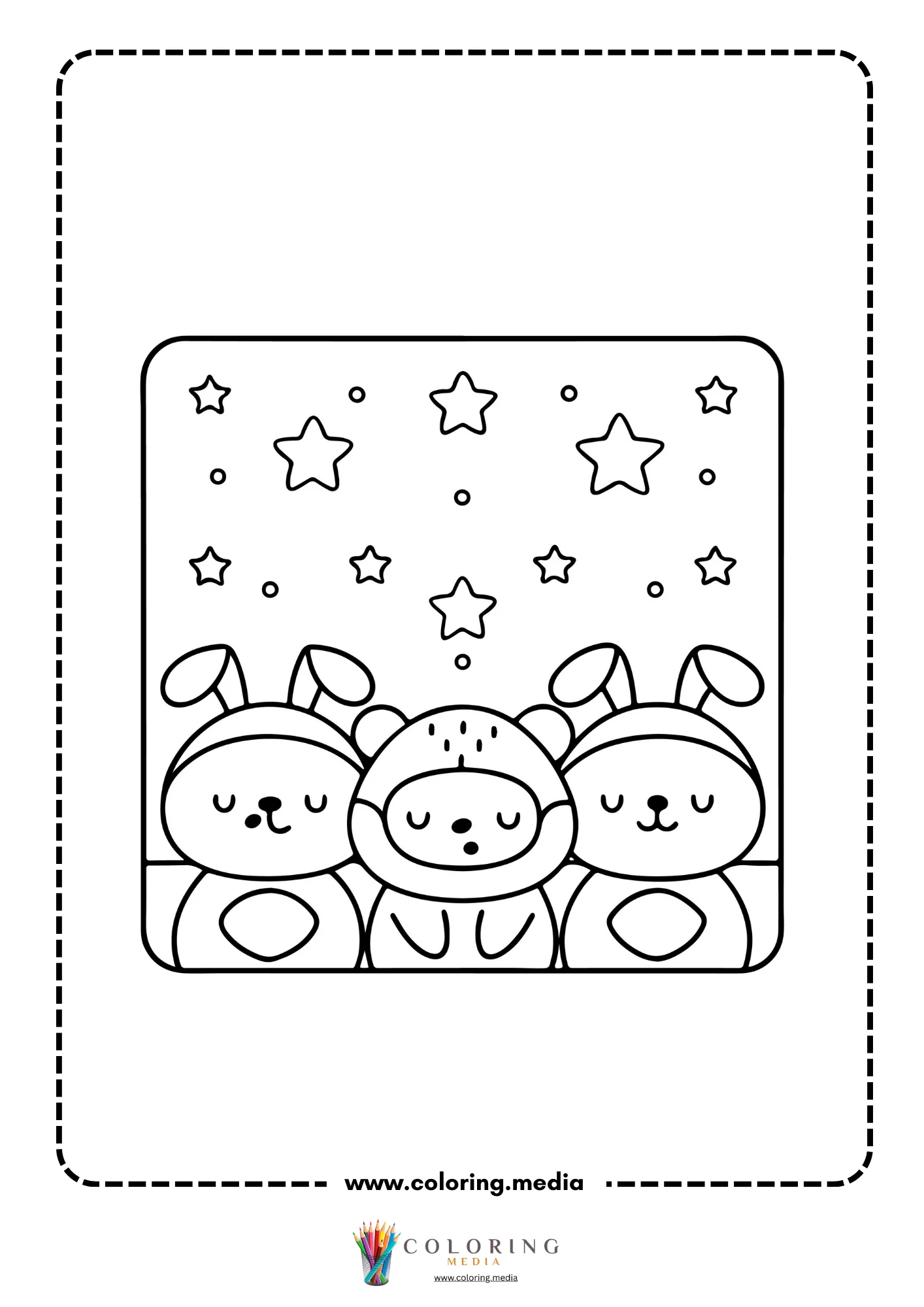 Three kawaii animals in hooded costumes sitting under stars