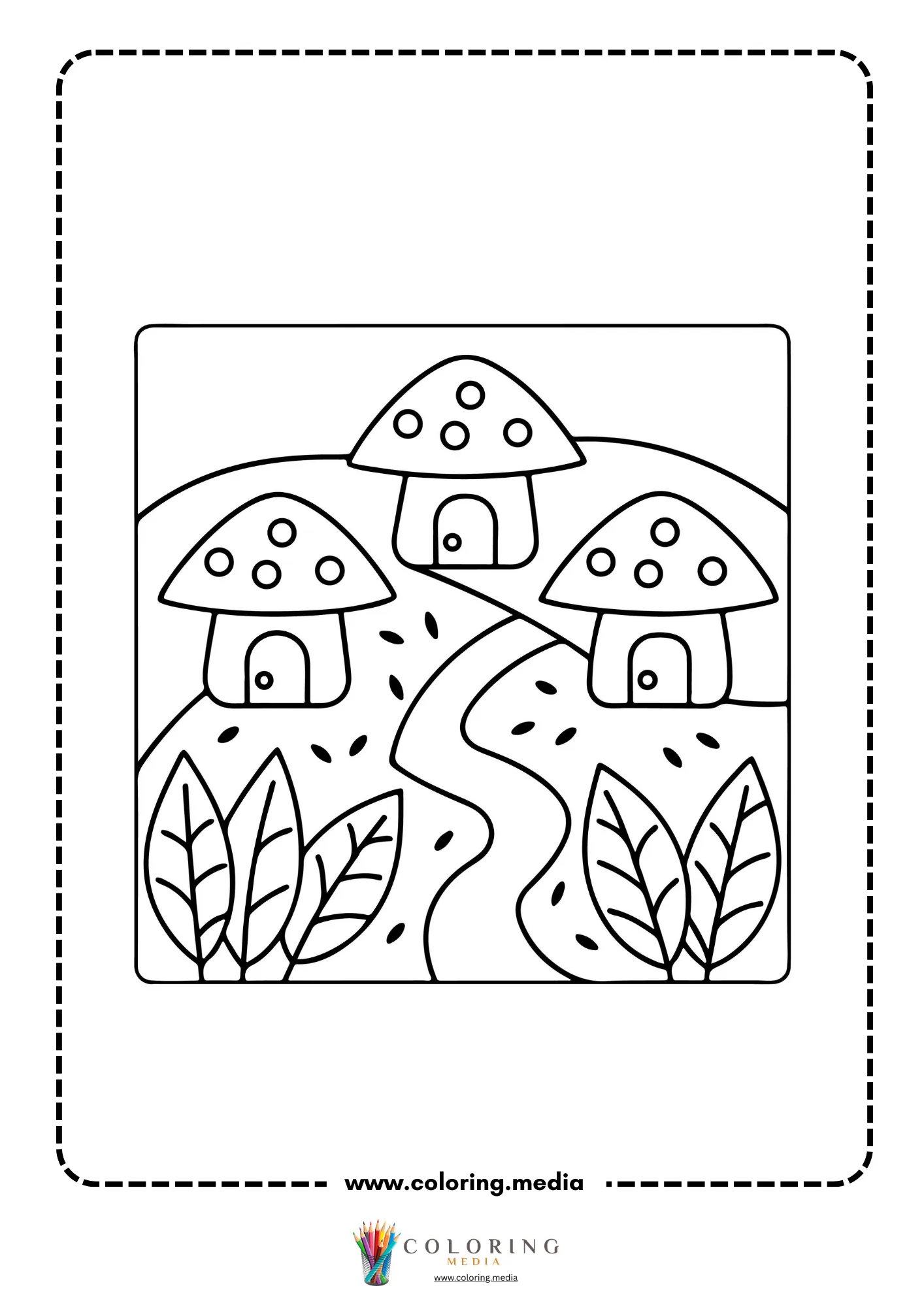 Three mushroom houses along a winding path with leaves