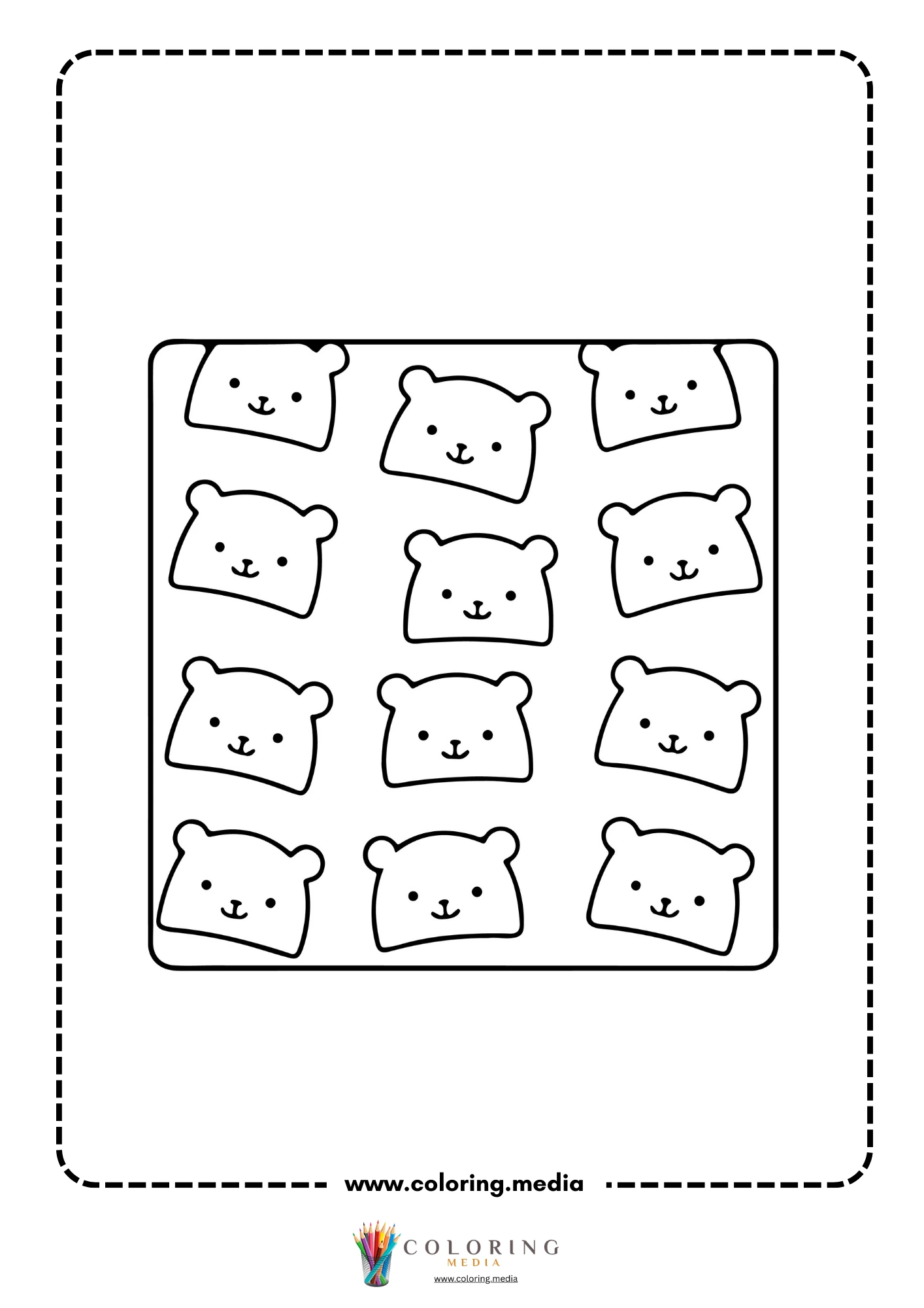 Repeating pattern of twelve smiling kawaii bear faces