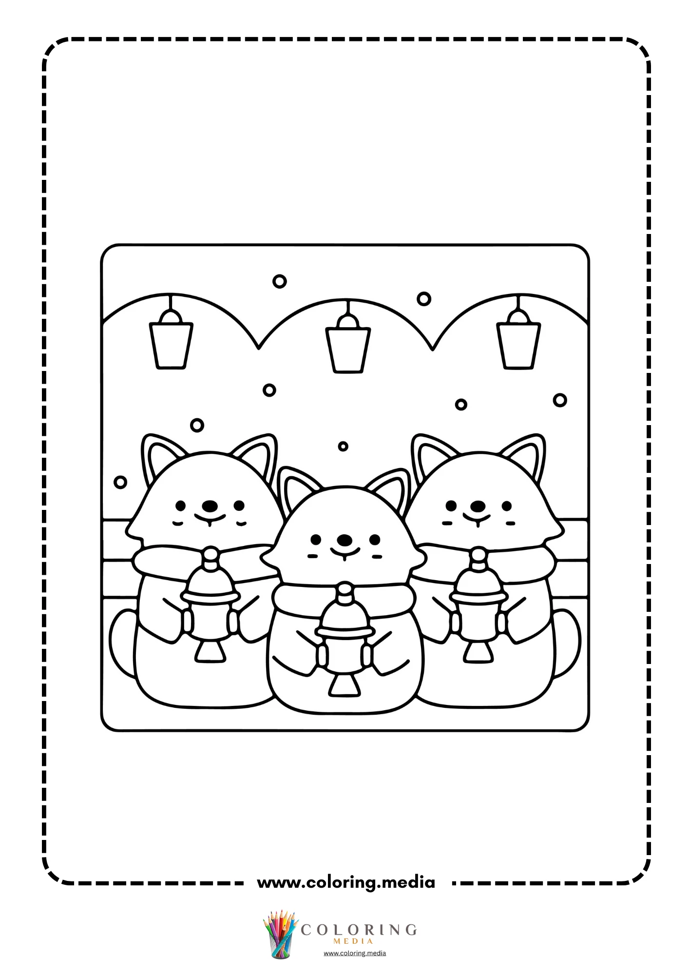 Three kawaii foxes holding lanterns in snowy scene