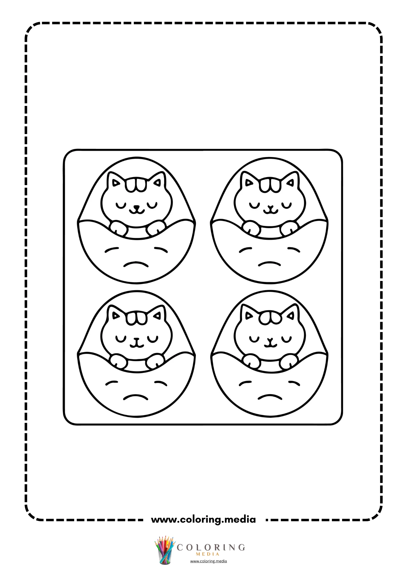Four sleeping cats curled in round bowls in two rows