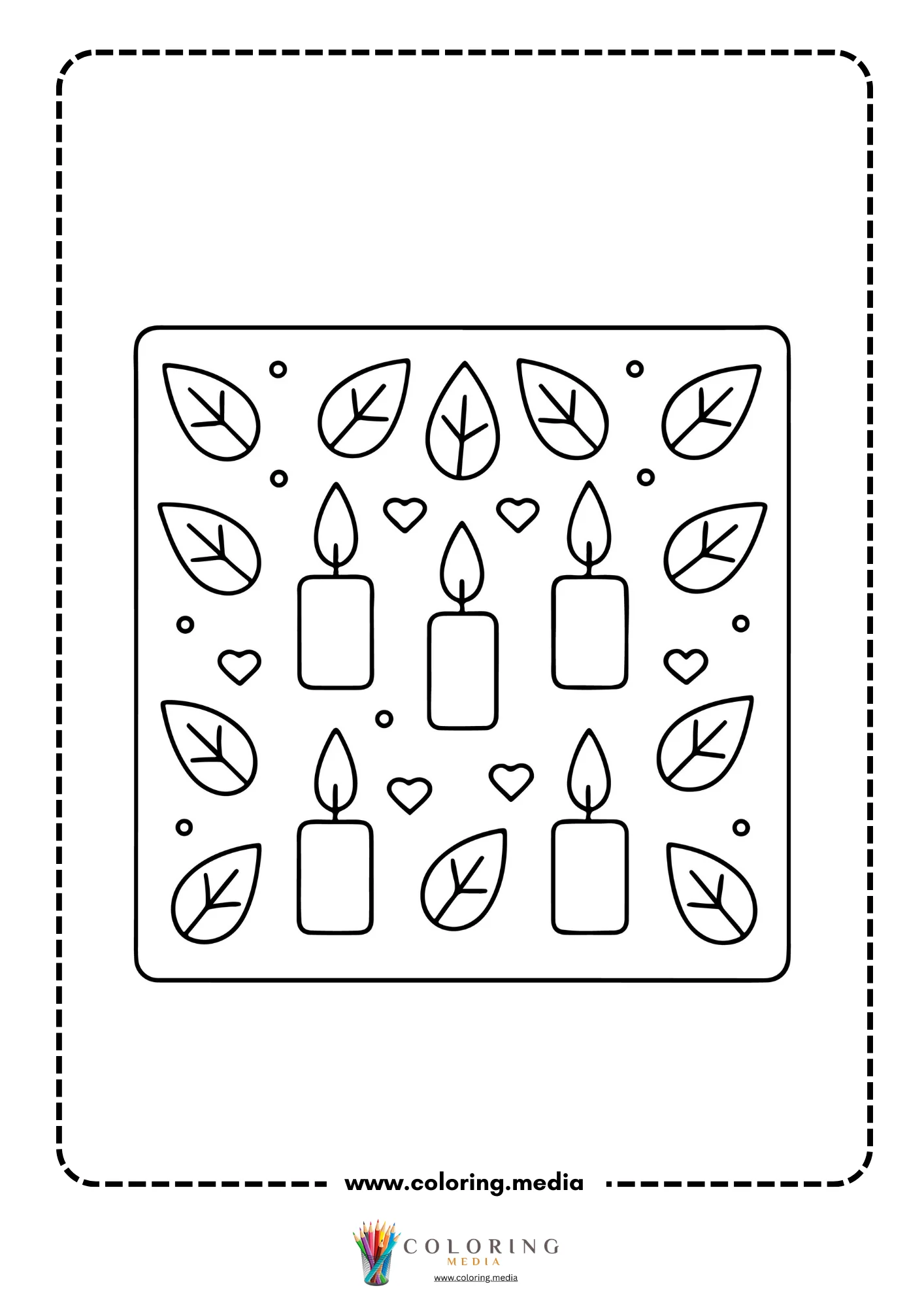 Pattern of candles hearts and leaves scattered on square