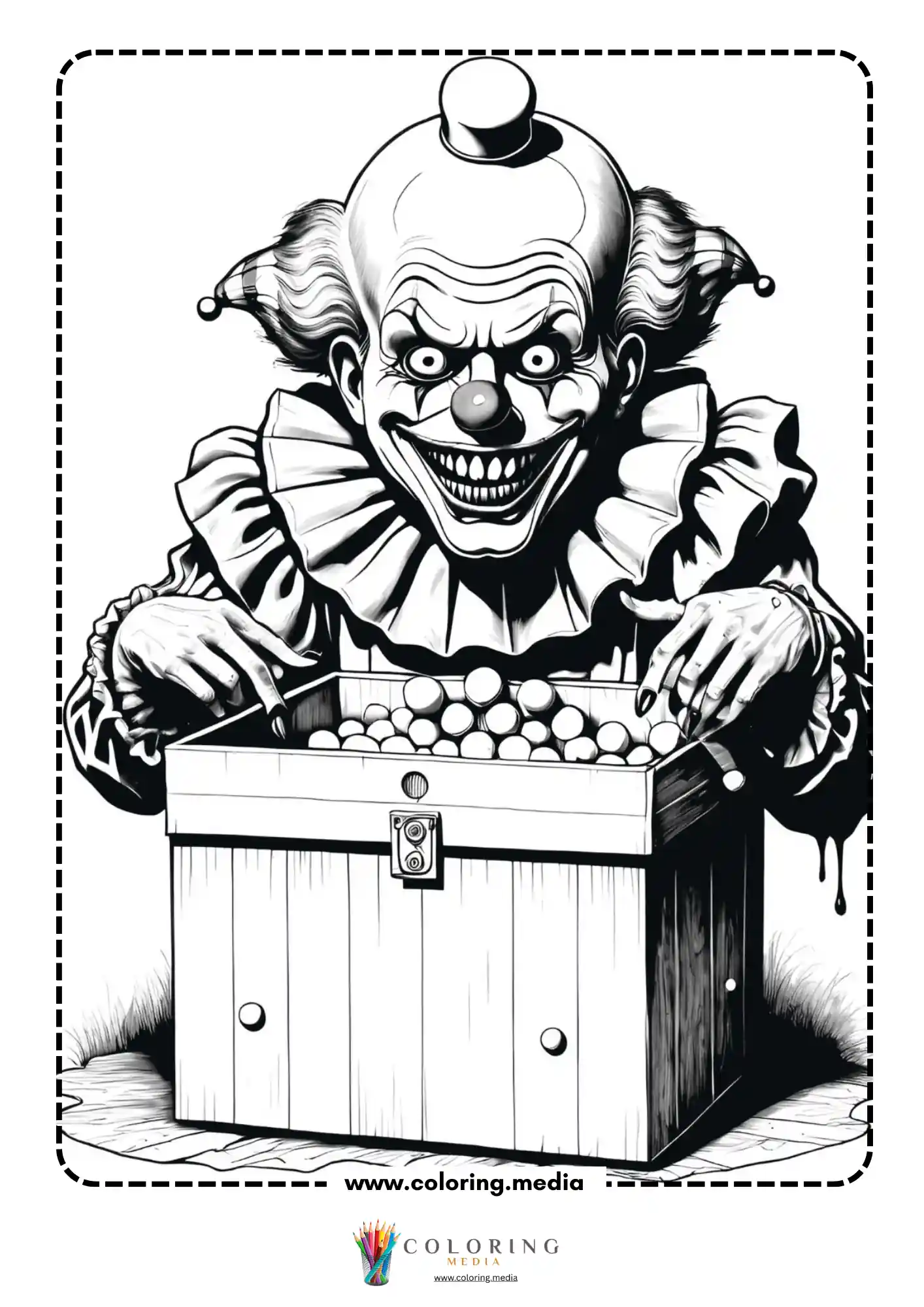 Scary clown with jester collar leaning over wooden box of balls