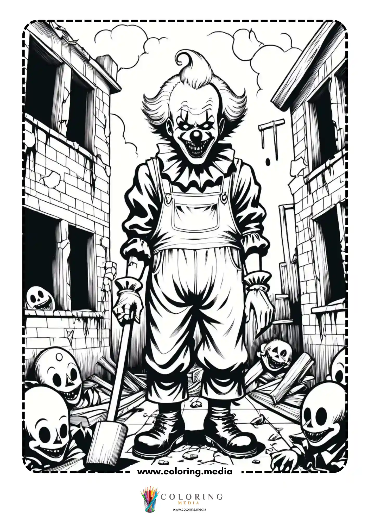 Scary clown in overalls with mallet standing in ruined alley with skulls