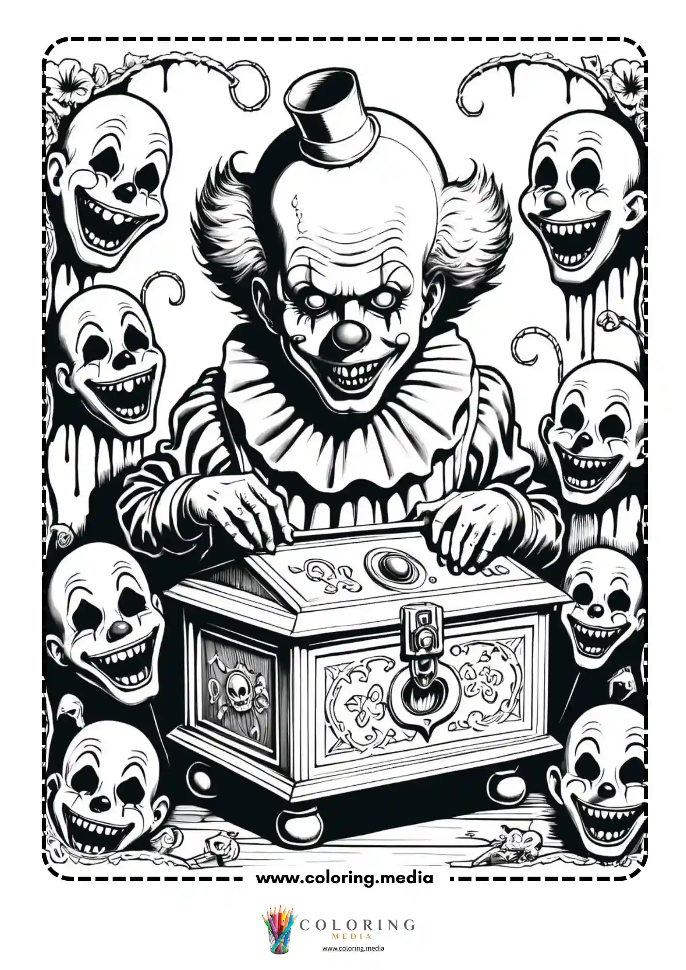 Scary clown in top hat opening ornate music box surrounded by floating faces