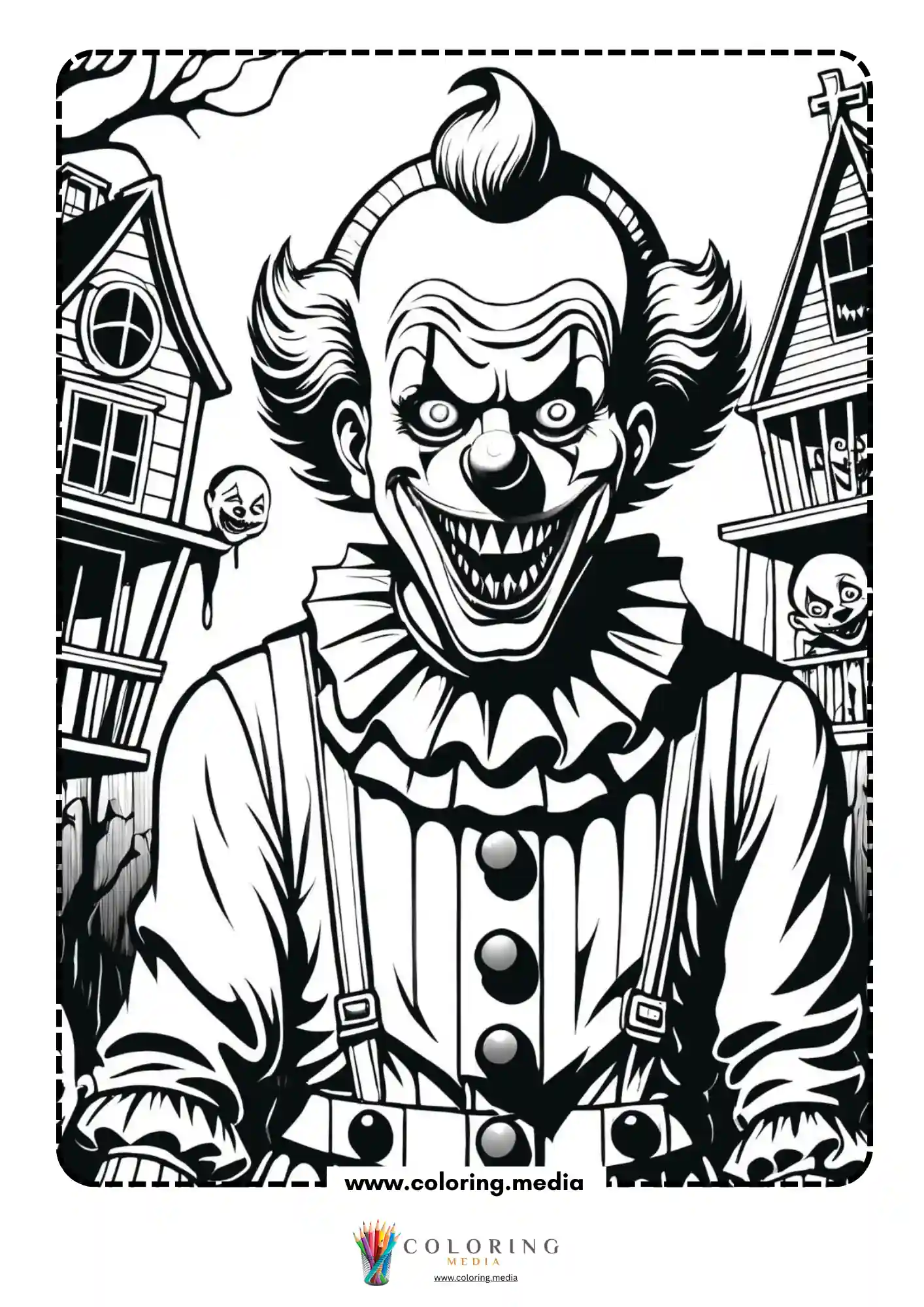 Scary clown leaning forward with fanged grin before haunted houses