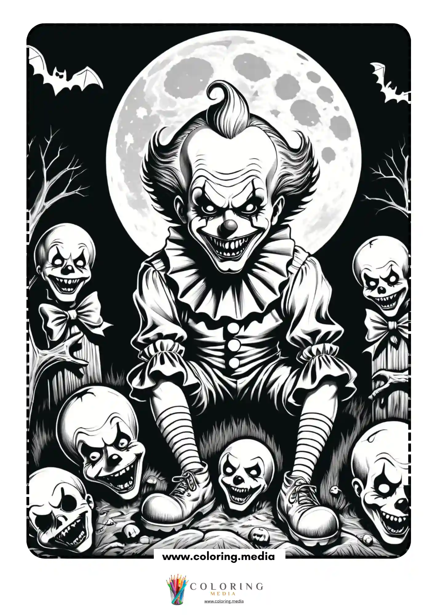 Scary clown seated before giant full moon flanked by clown heads