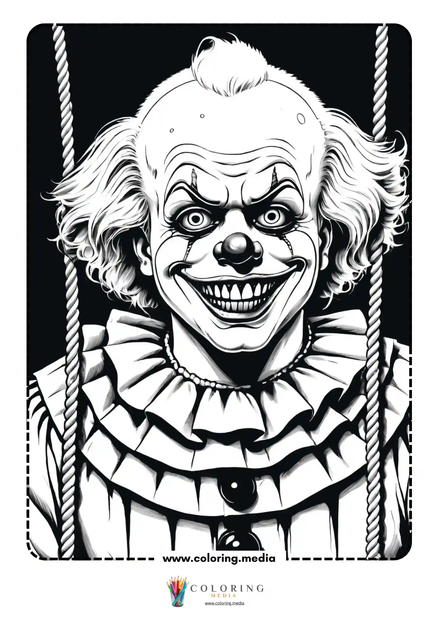 Close-up scary clown face with wide grin hanging from ropes