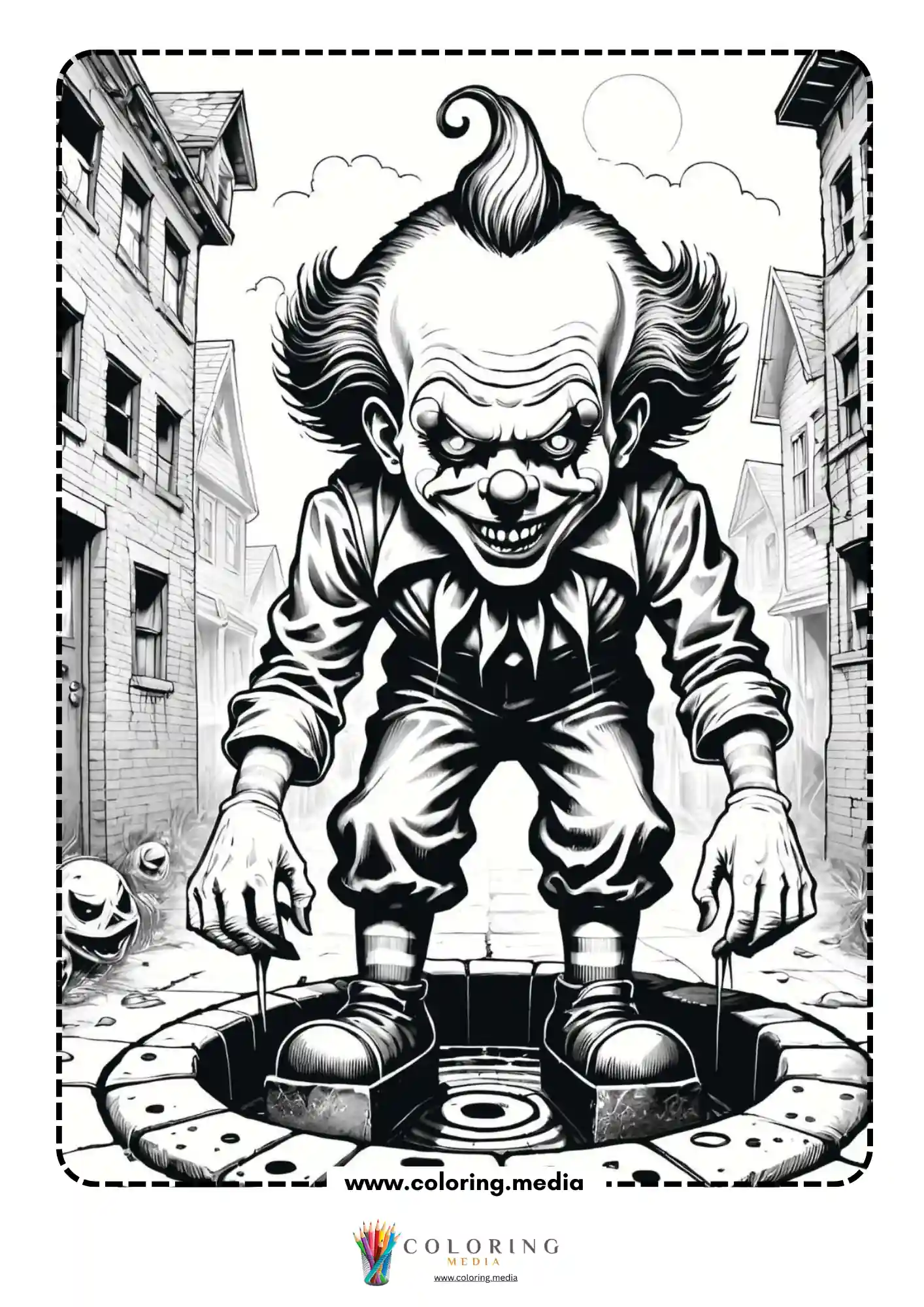Scary clown crouching over open manhole in dark city street