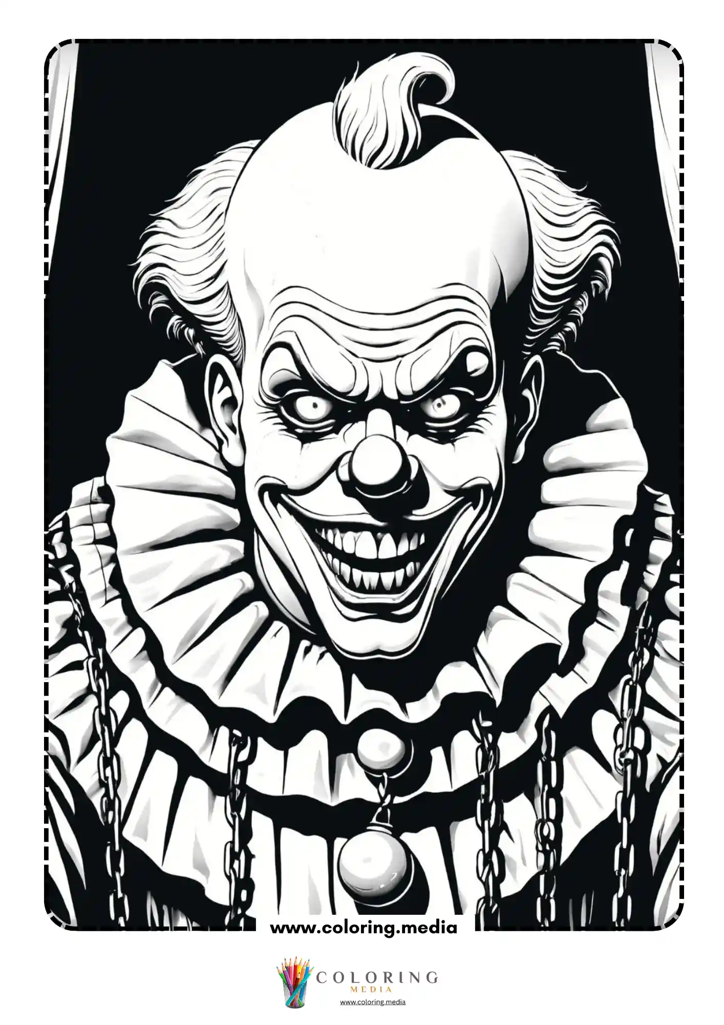 Close-up scary clown face with chains and pointed wide grin