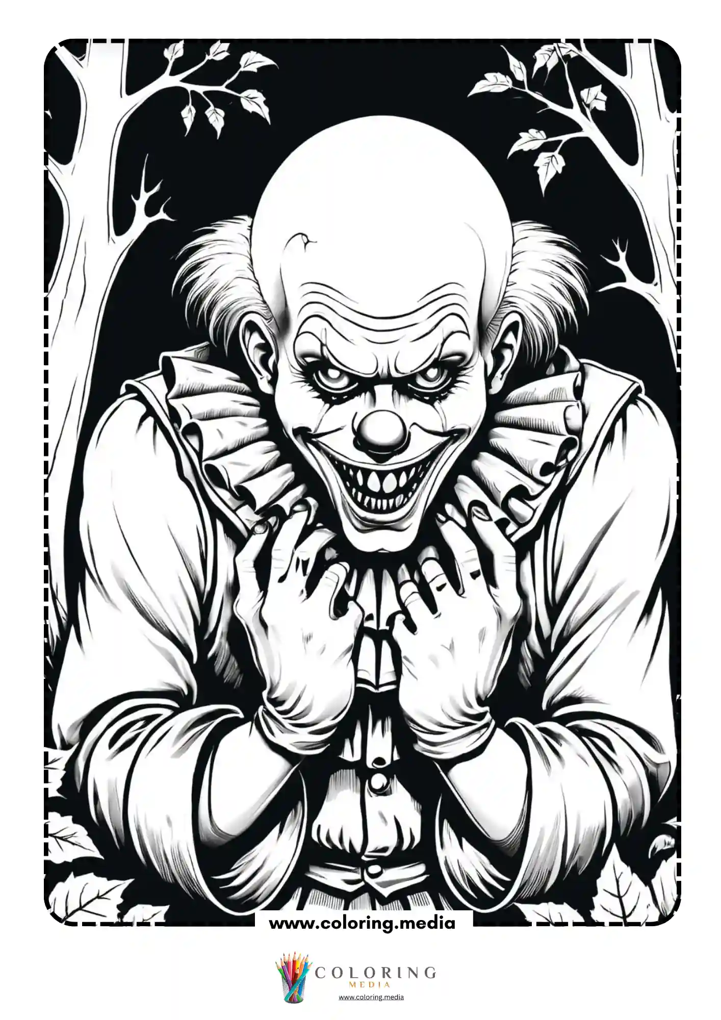 Bald scary clown crouching with clasped hands before dark trees