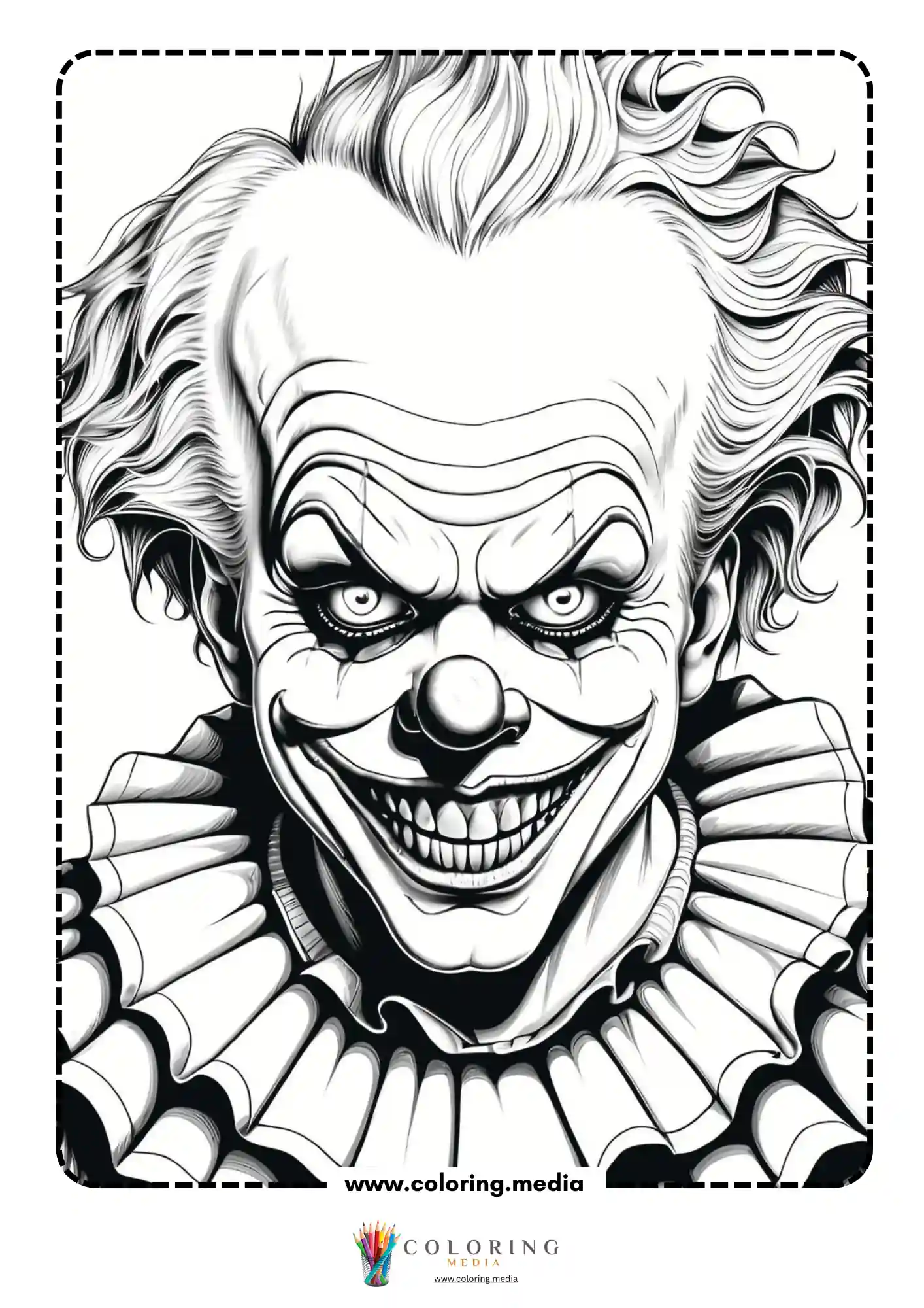 Close-up scary clown with wild hair and enormous wide grin
