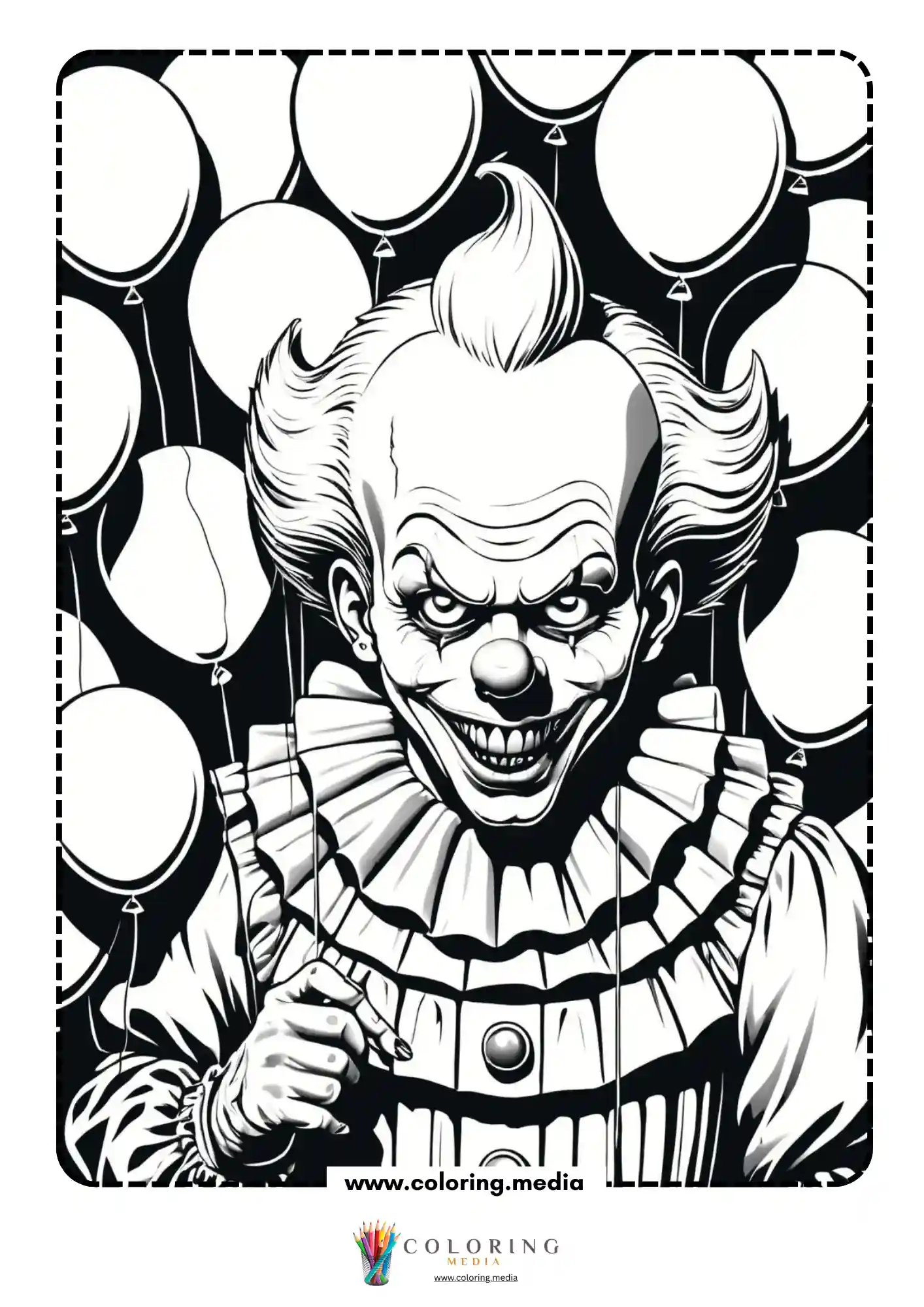Scary clown smirking before background of floating balloons