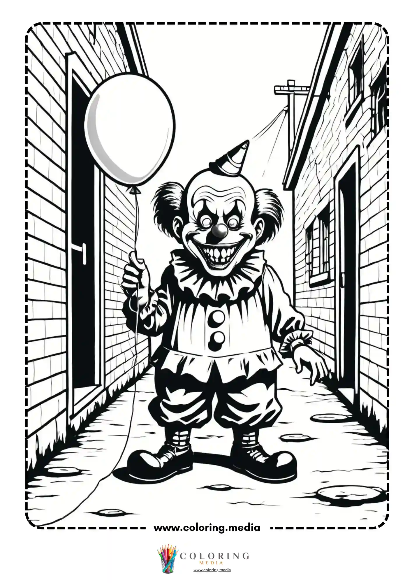 Scary clown in party hat holding balloon grinning in dark alley