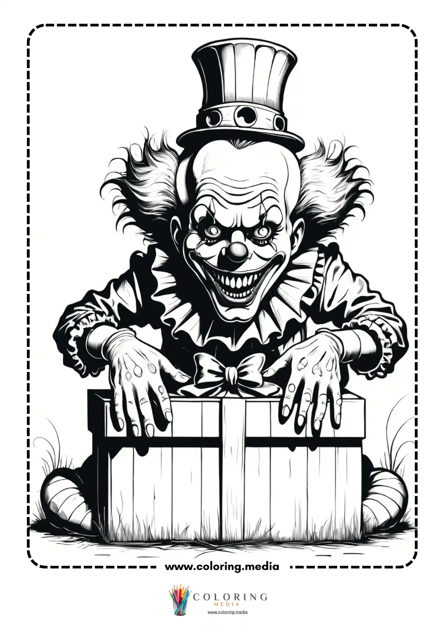 Scary clown in top hat leaning over wooden crate grinning