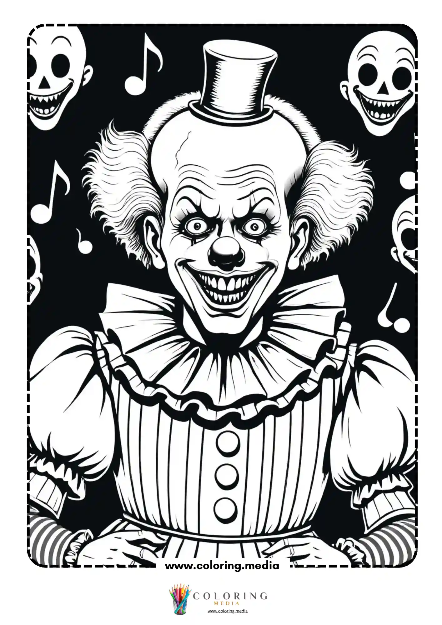 Scary clown in top hat grinning among skull masks and music notes