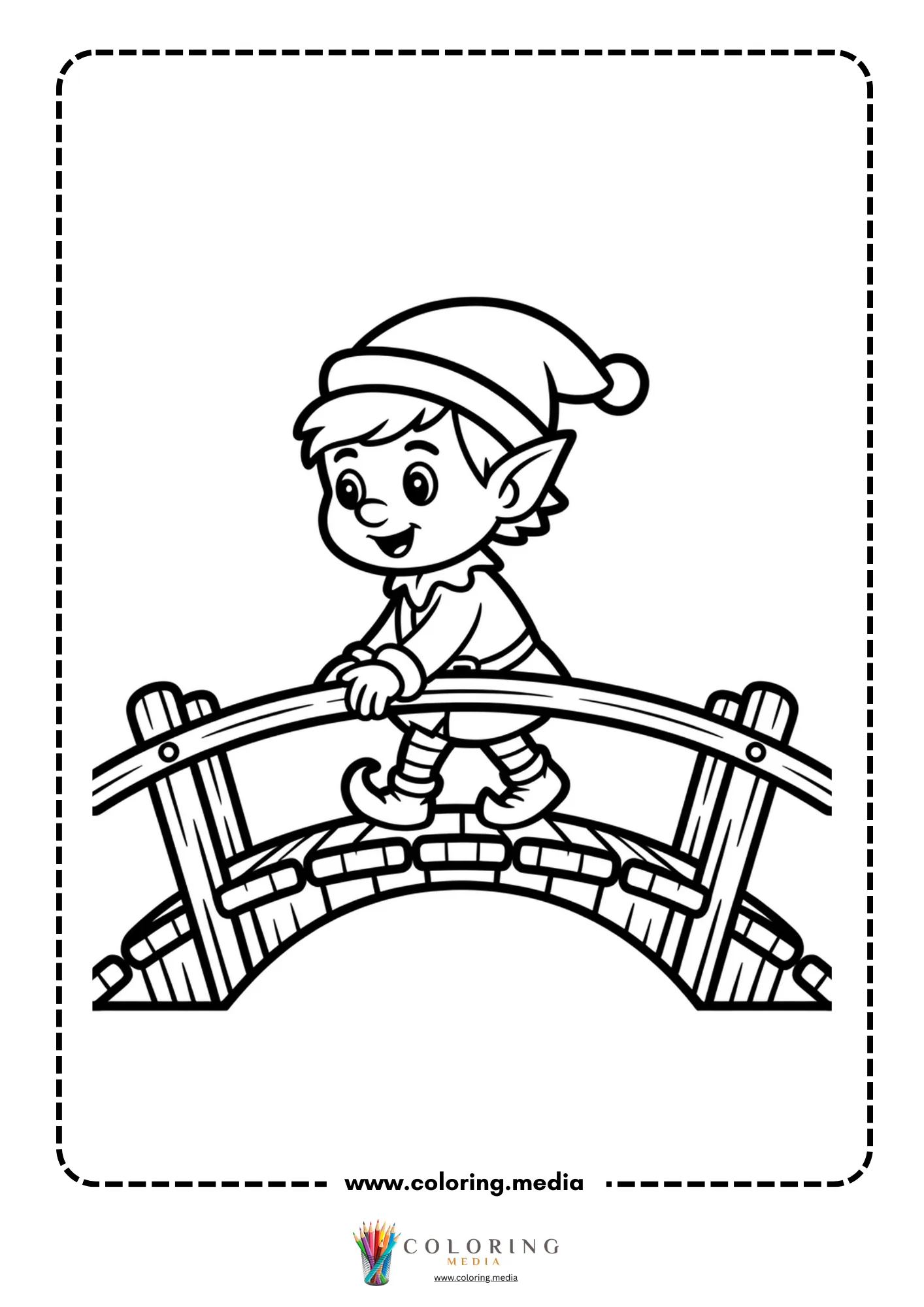 Bridge coloring page with cheerful elf walking over an arched bridge