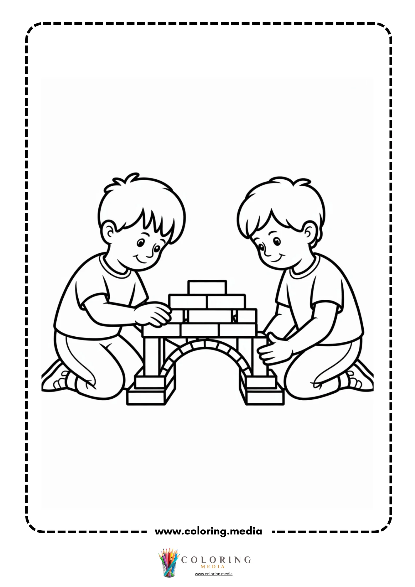 Bridge coloring page with two children constructing a brick bridge