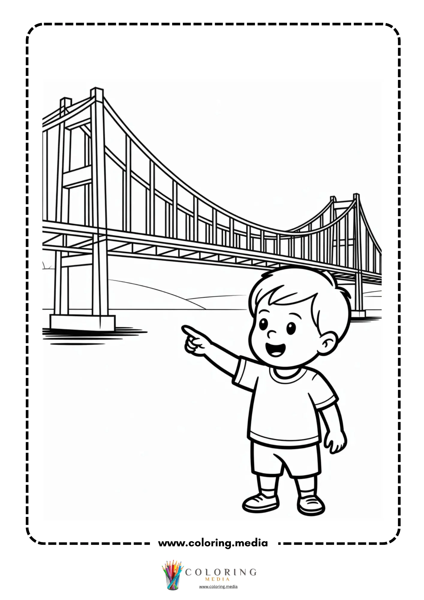 Bridge coloring page with wooden footbridge and clouds