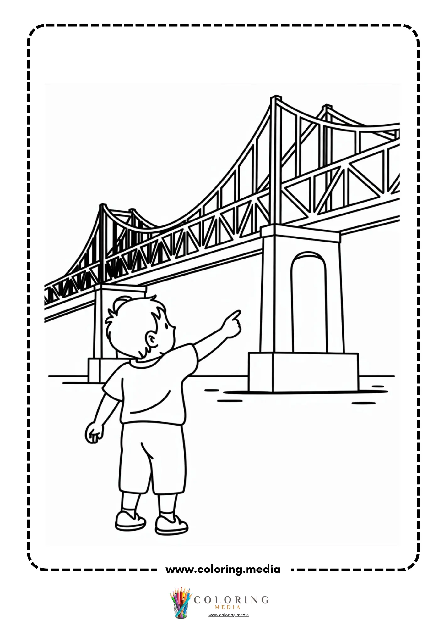 Bridge coloring page with walking bridge and railings