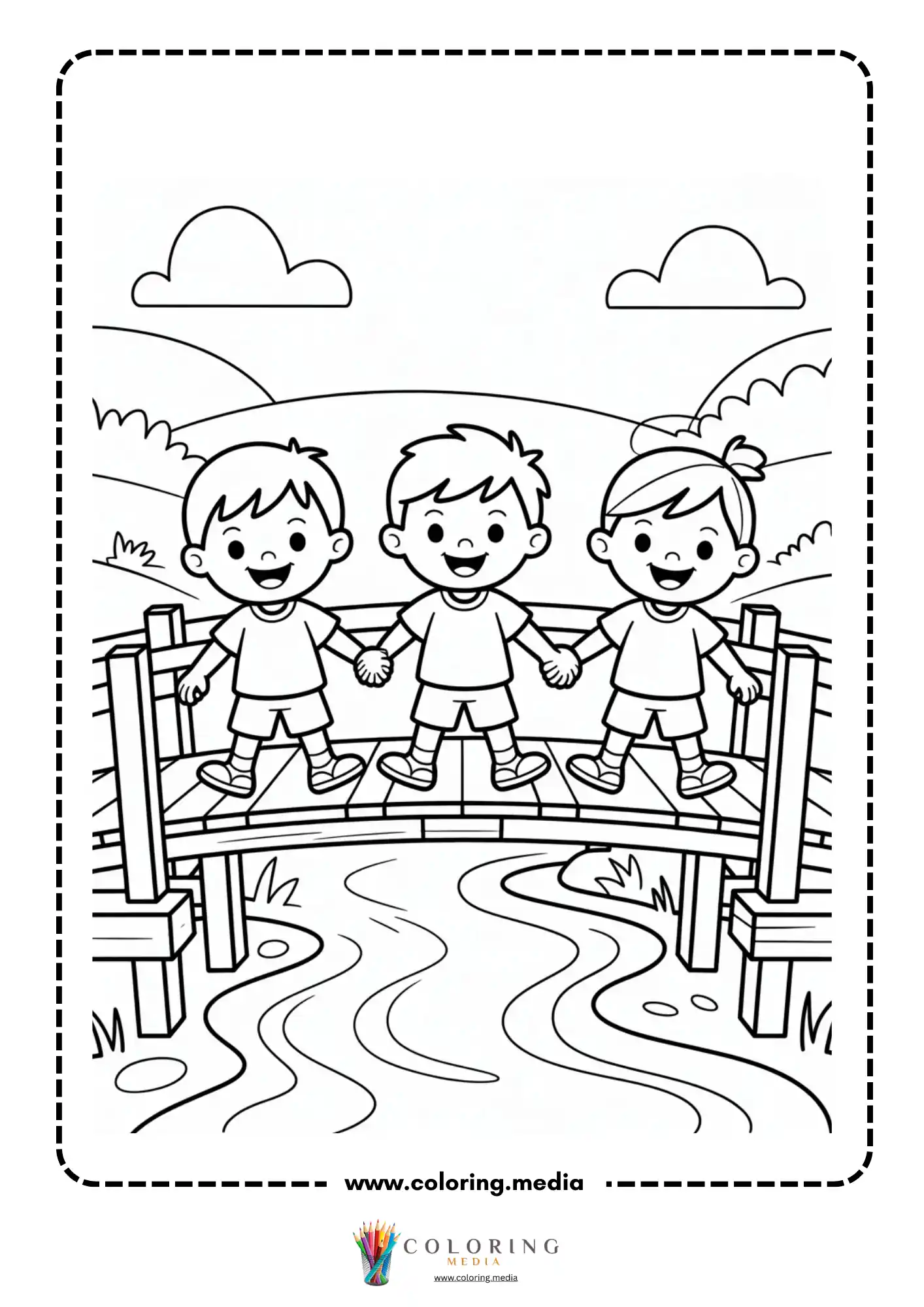 Bridge coloring page with small arched bridge and path