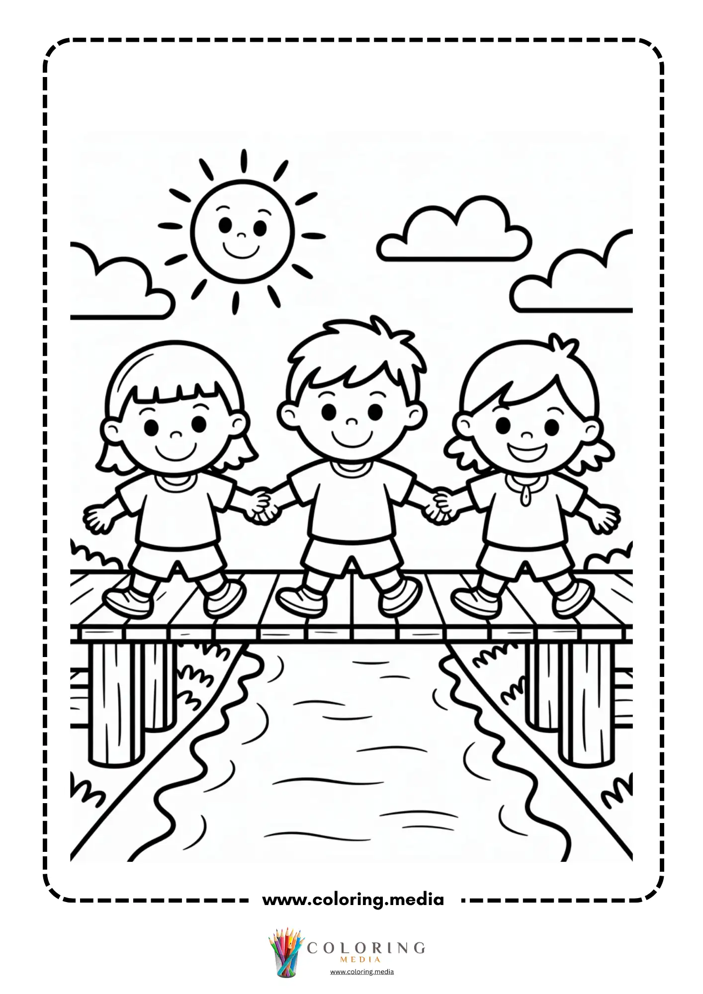 Bridge coloring page with children standing on a bridge