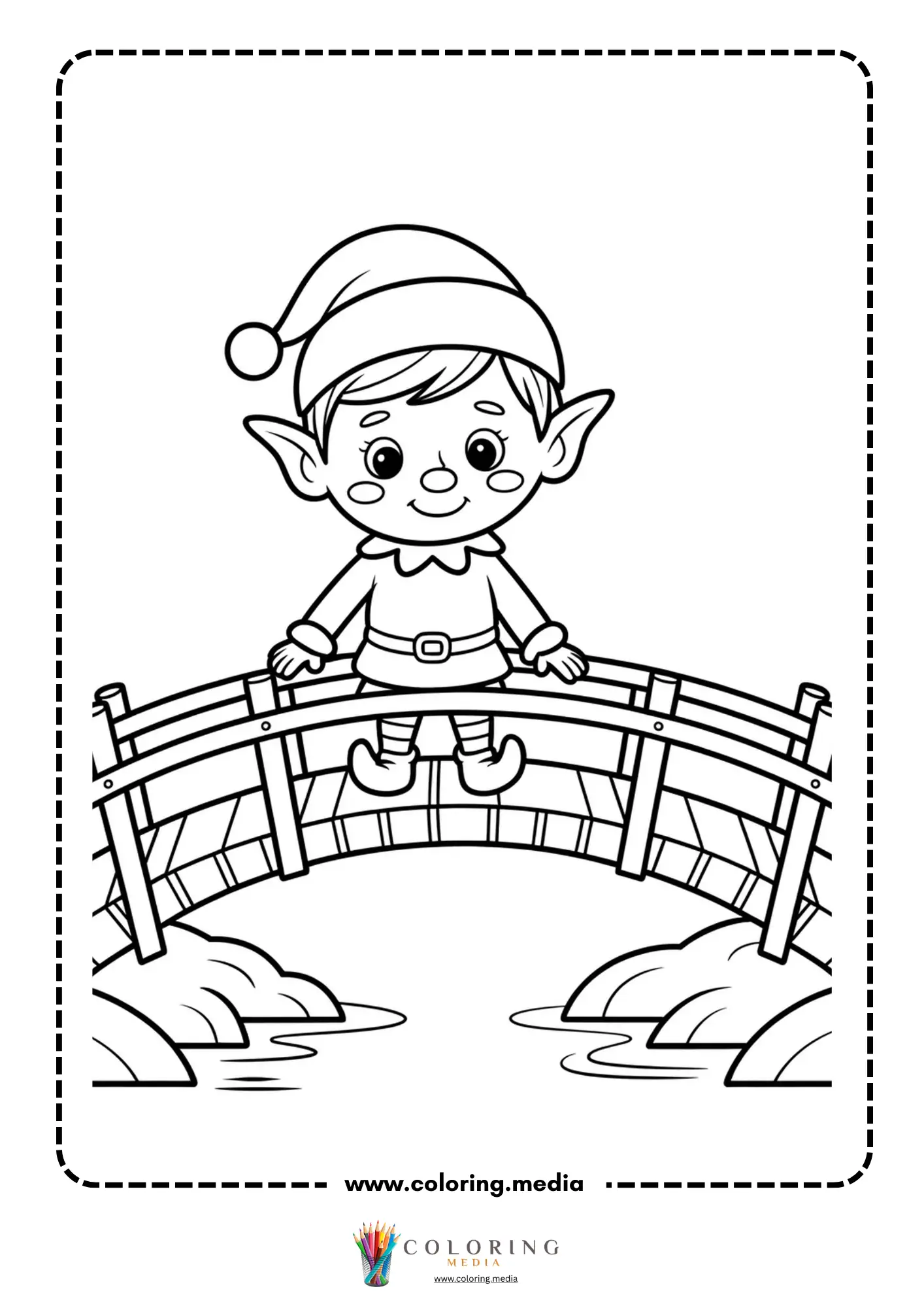 Bridge coloring page with simple wooden bridge and railing