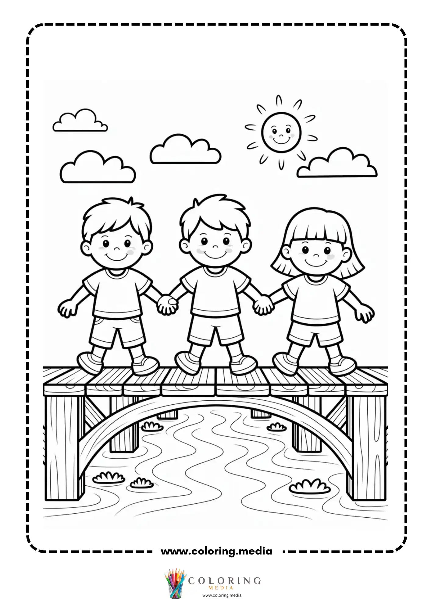 Bridge coloring page with three children holding hands on a bridge