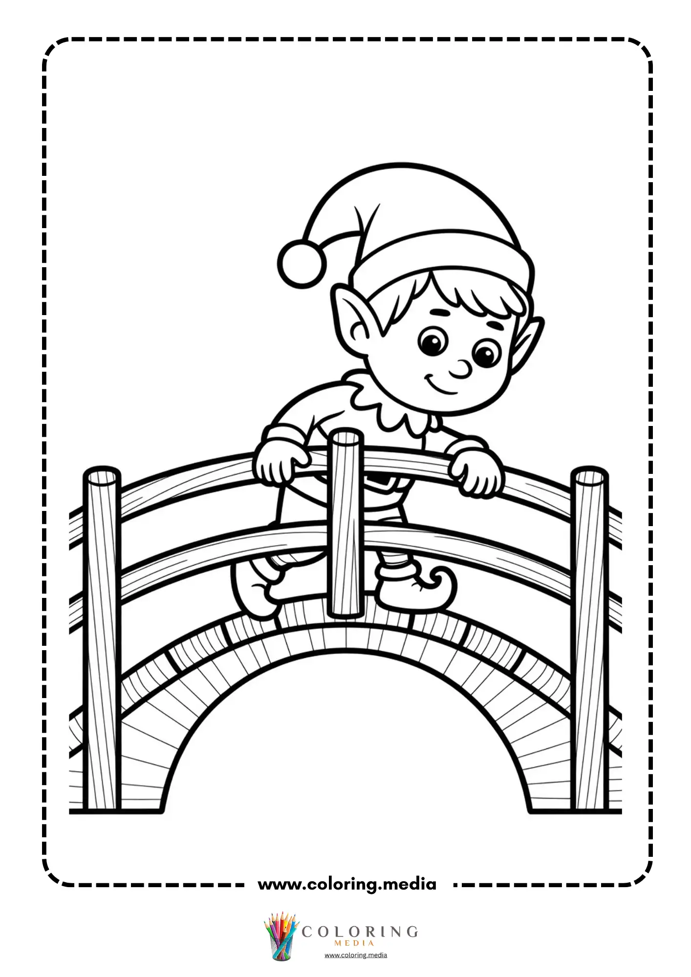 Bridge coloring page with children crossing a bridge