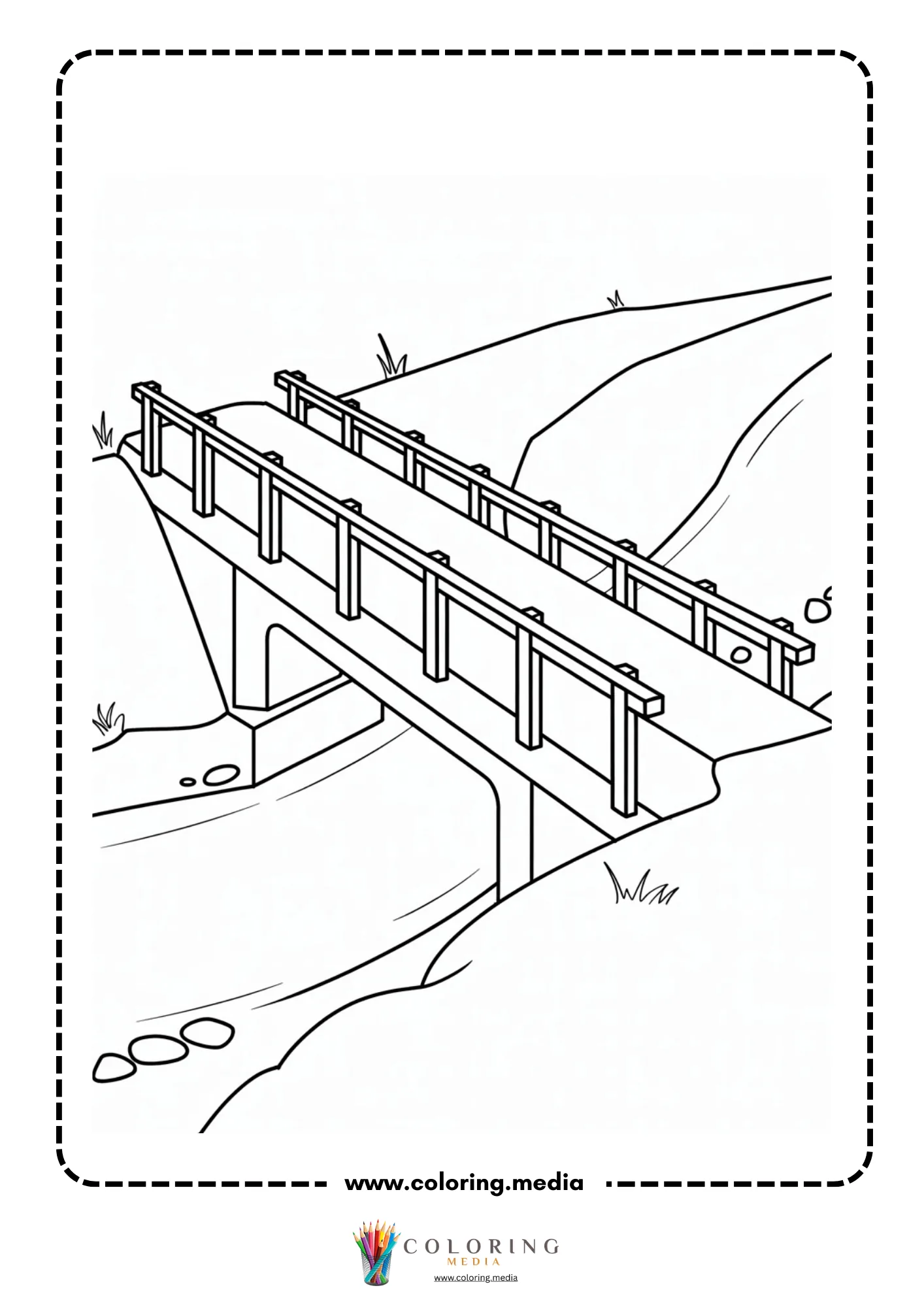 Bridge coloring page with bridge over a small river