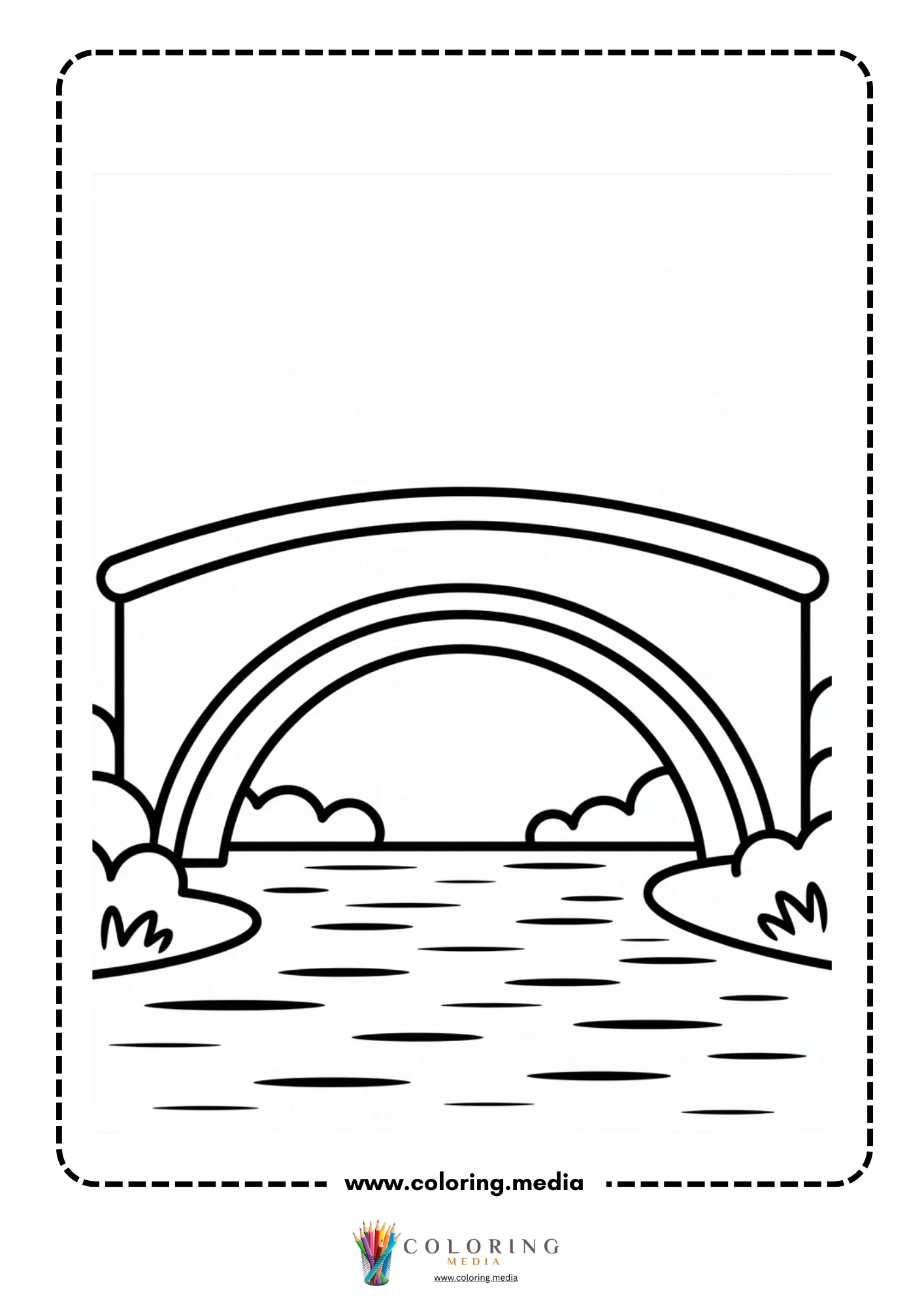 Bridge coloring page with arched bridge in a landscape