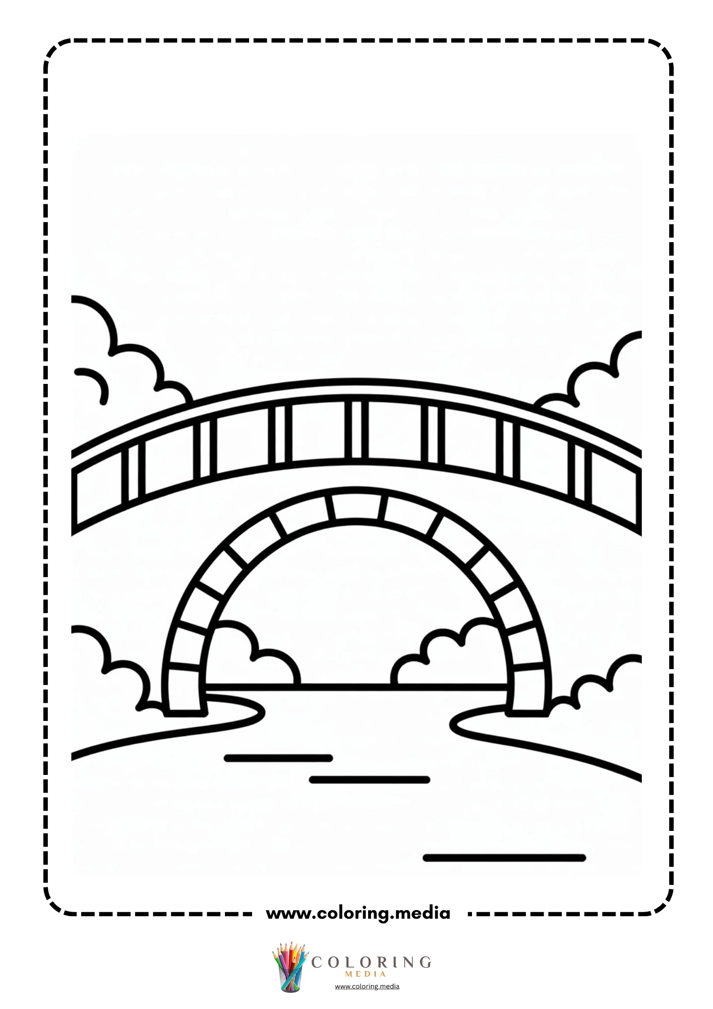 Bridge coloring page with kids building a block bridge