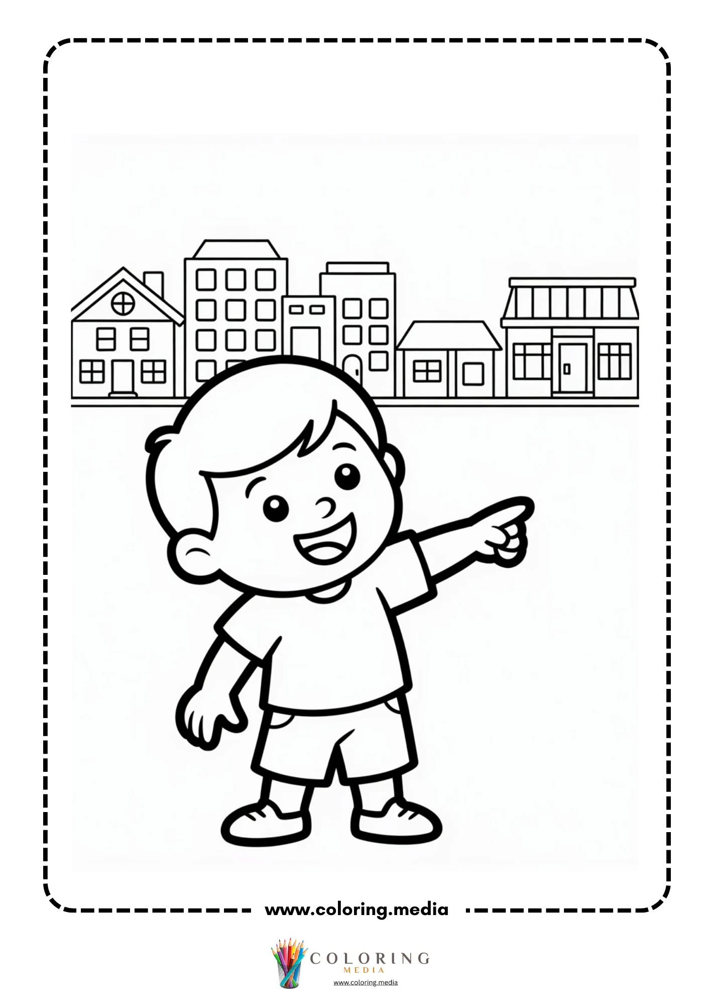 Building coloring page with child pointing at a row of city buildings