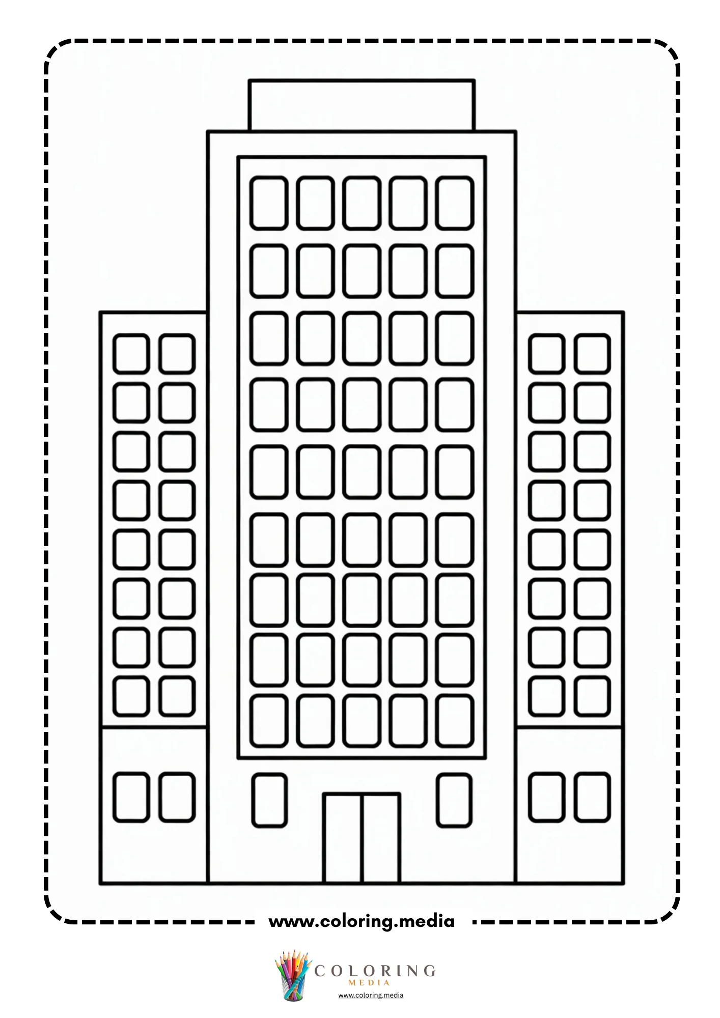 Building coloring page with three tall buildings and many windows