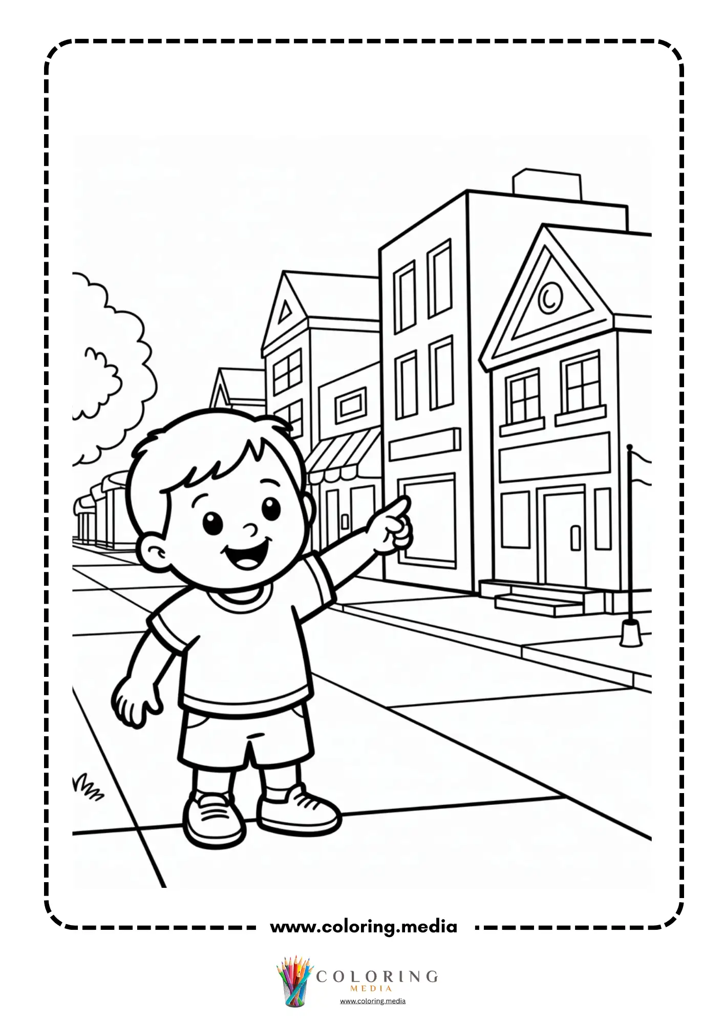 Building coloring page with tall apartment tower