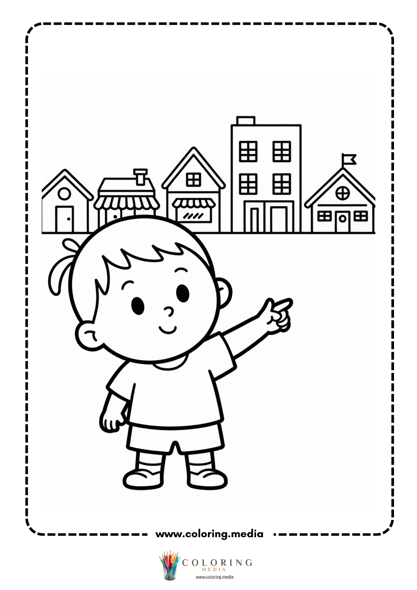 Building coloring page with city skyline and rooftops