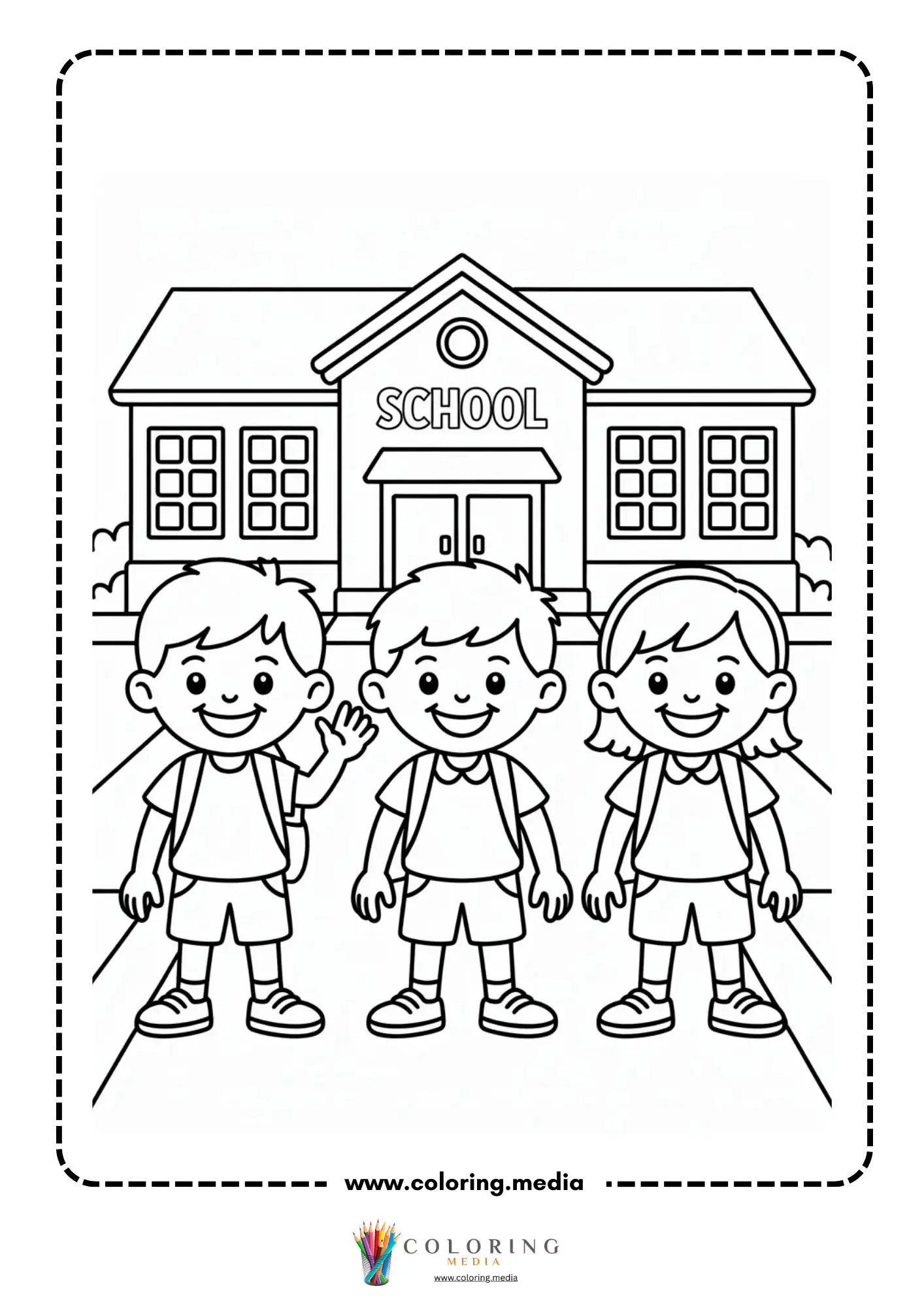 Building coloring page with school style building front