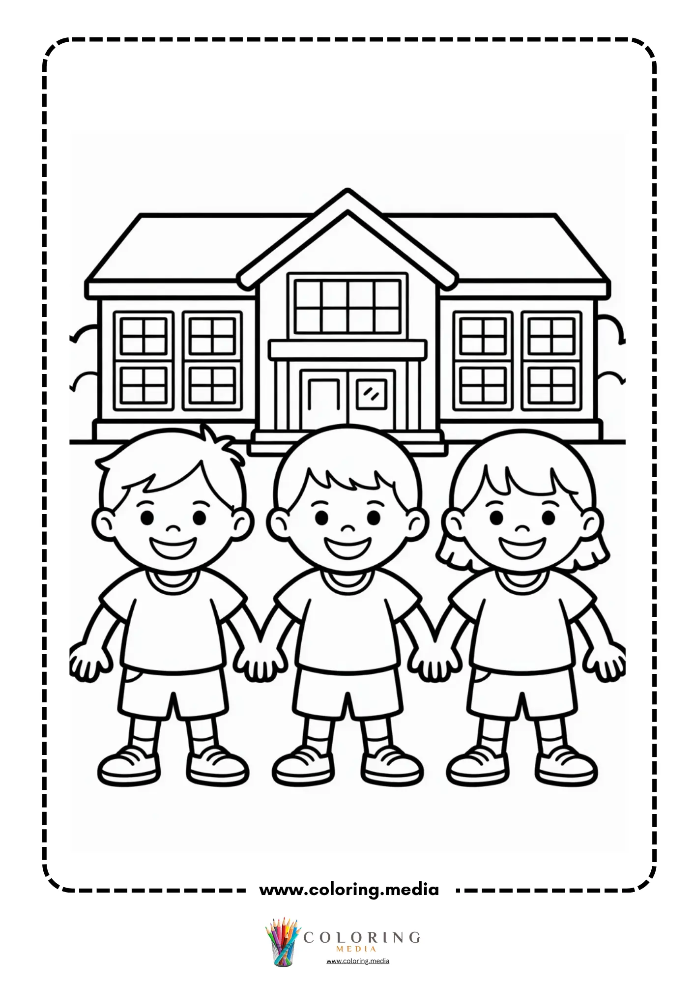 Building coloring page with houses lined up on a street
