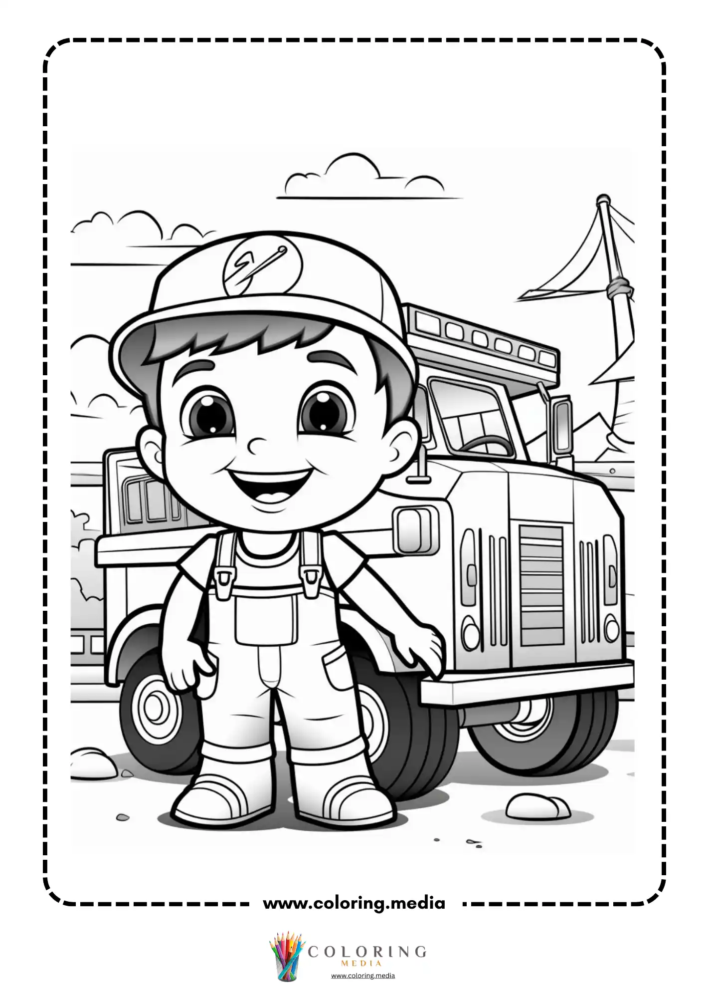 Construction coloring page with smiling child worker beside a construction truck