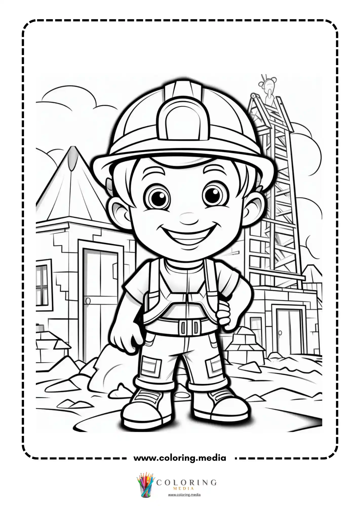 Construction coloring page with child builder wearing a helmet