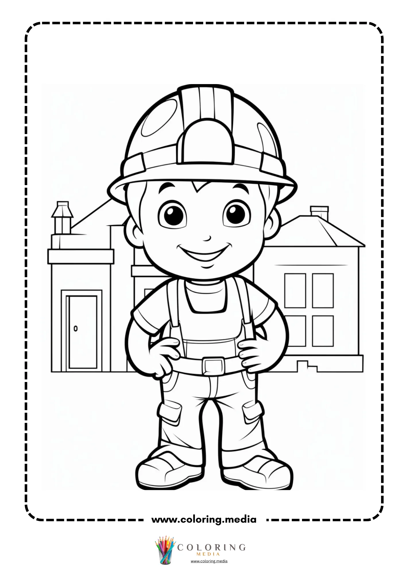 Construction coloring page with road work signs and tools