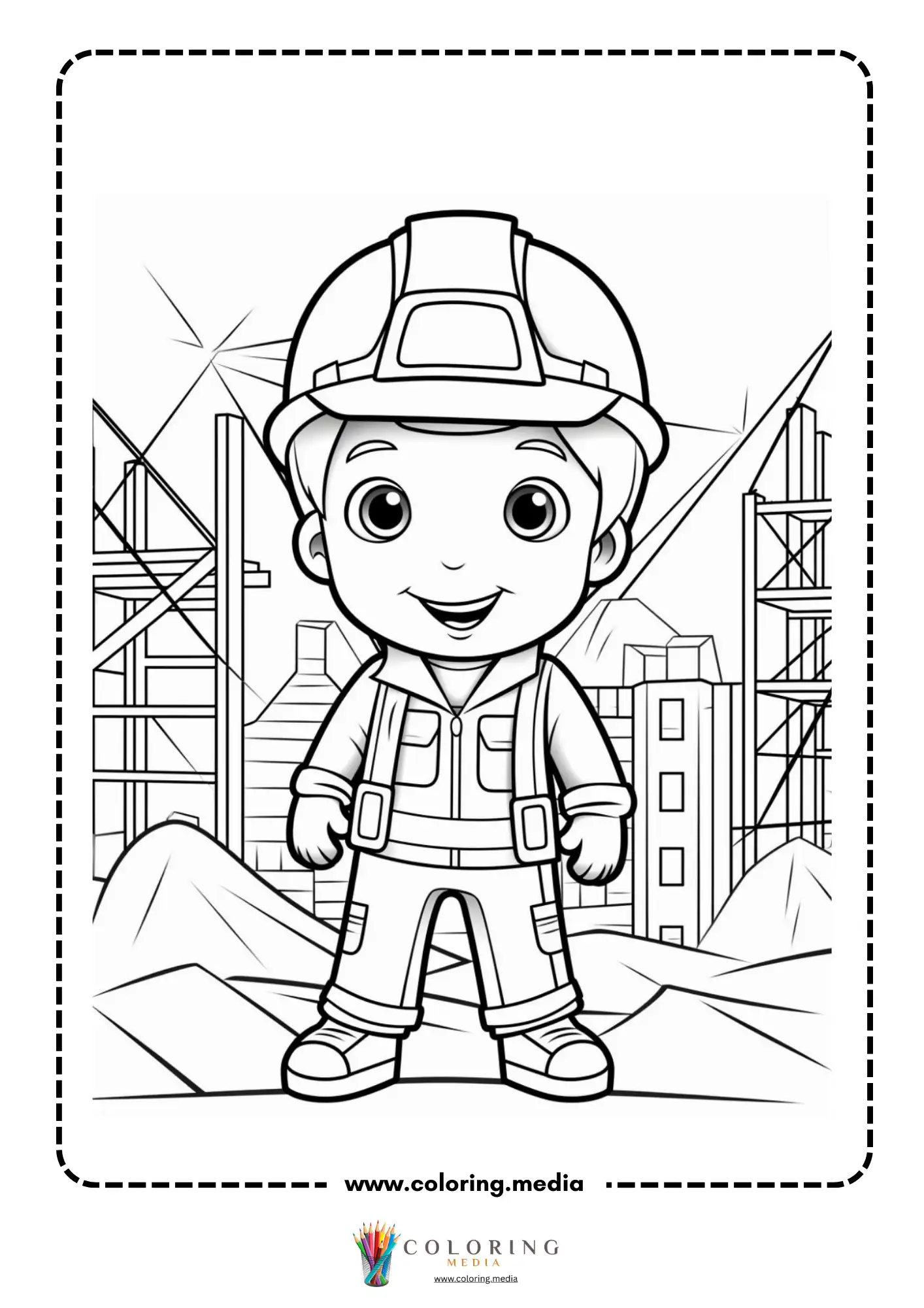 Construction coloring page with smiling worker at a building site