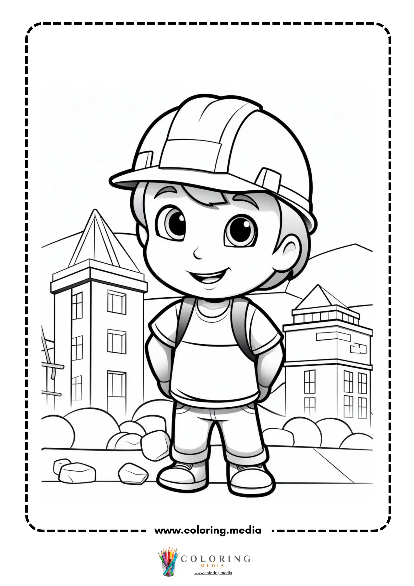 Construction coloring page with construction vehicle and clouds