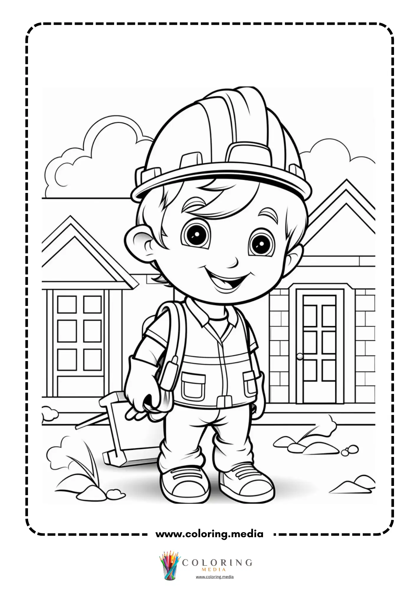 Construction coloring page with bricks shovel and hard hat