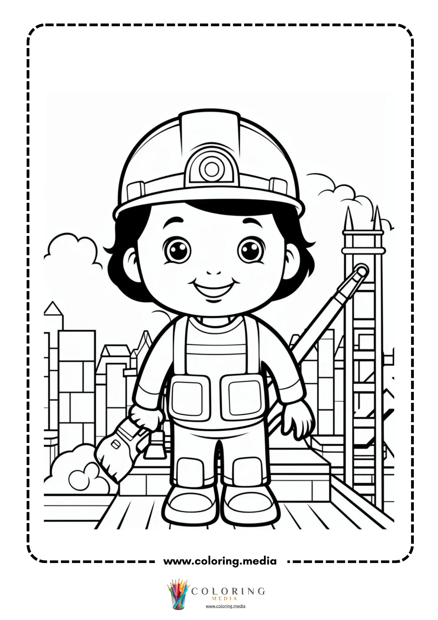 Construction coloring page with crane and unfinished building