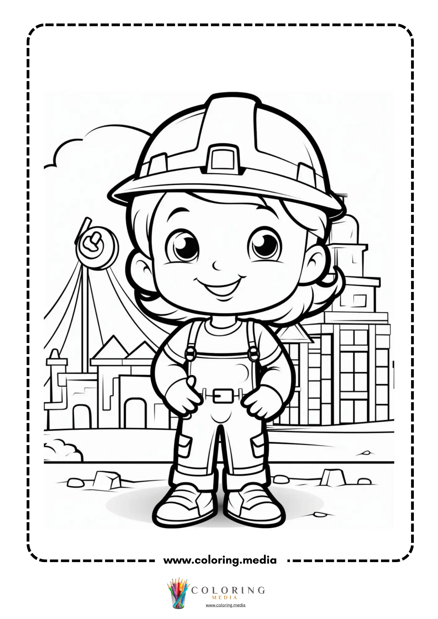 Construction coloring page with worker carrying construction supplies